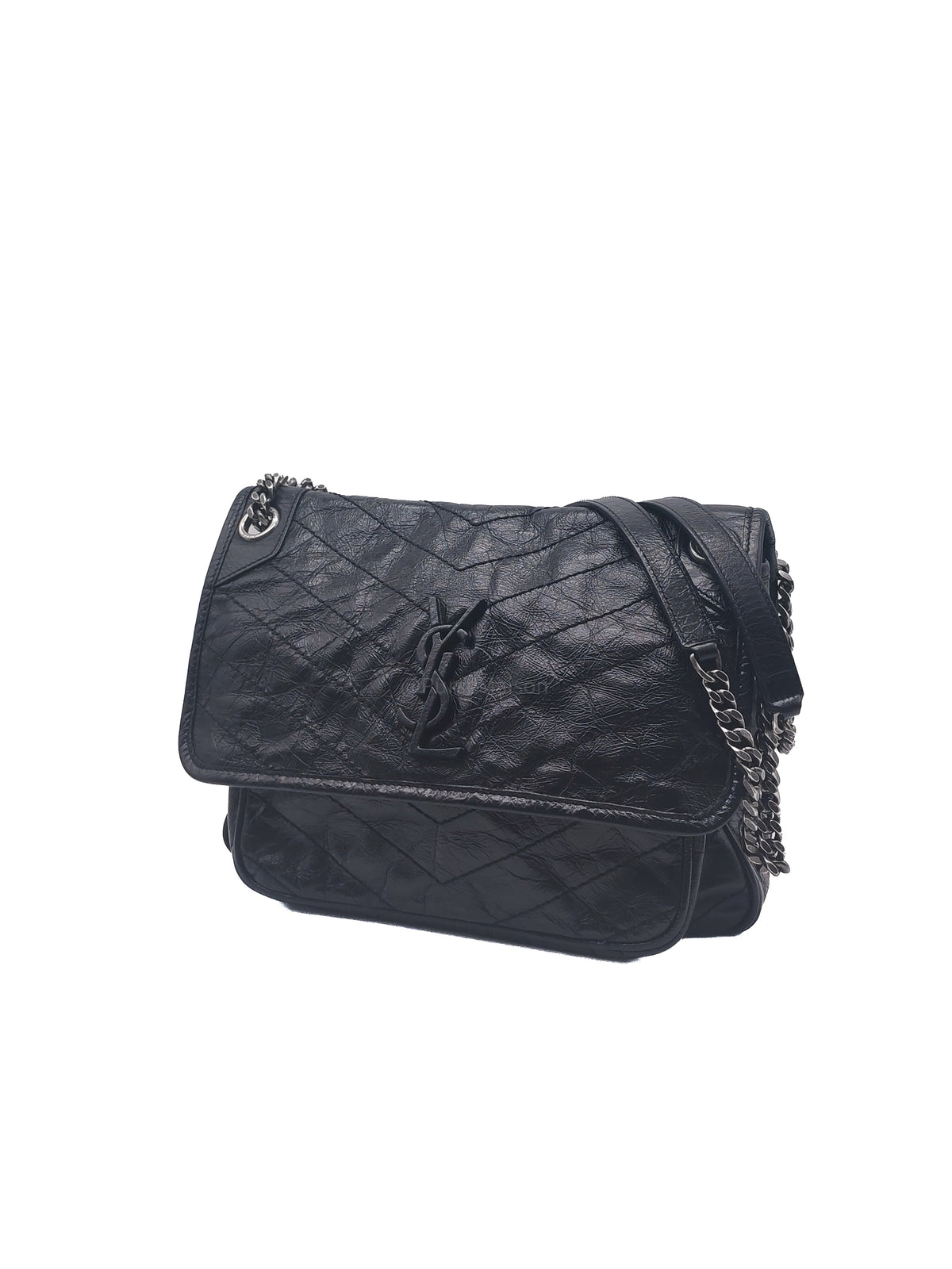 Yves Saint Laurent Niki Shoulder Bag Medium in Black Quilted Crinkled Calfskin Leather and Mixed Hardware | Purse Maison Luxury Bags Shop
