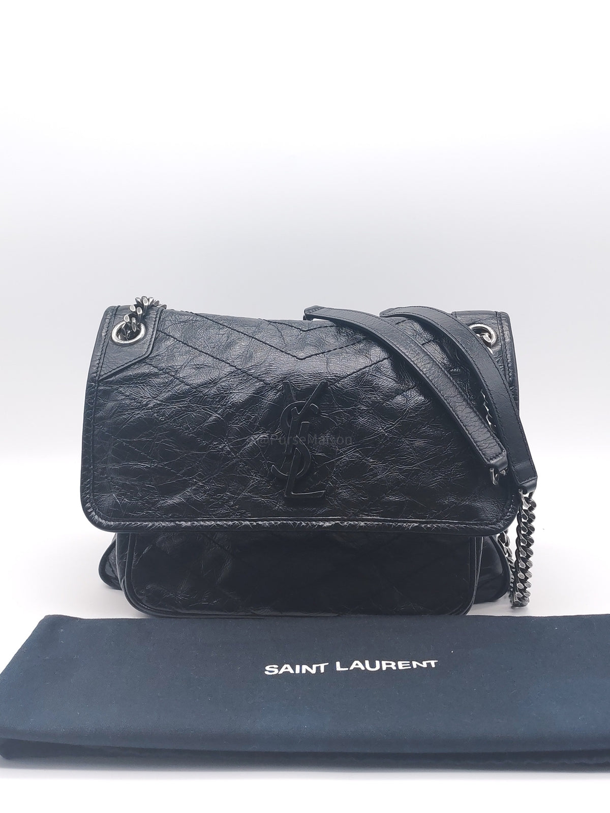 Yves Saint Laurent Niki Shoulder Bag Medium in Black Quilted Crinkled Calfskin Leather and Mixed Hardware | Purse Maison Luxury Bags Shop