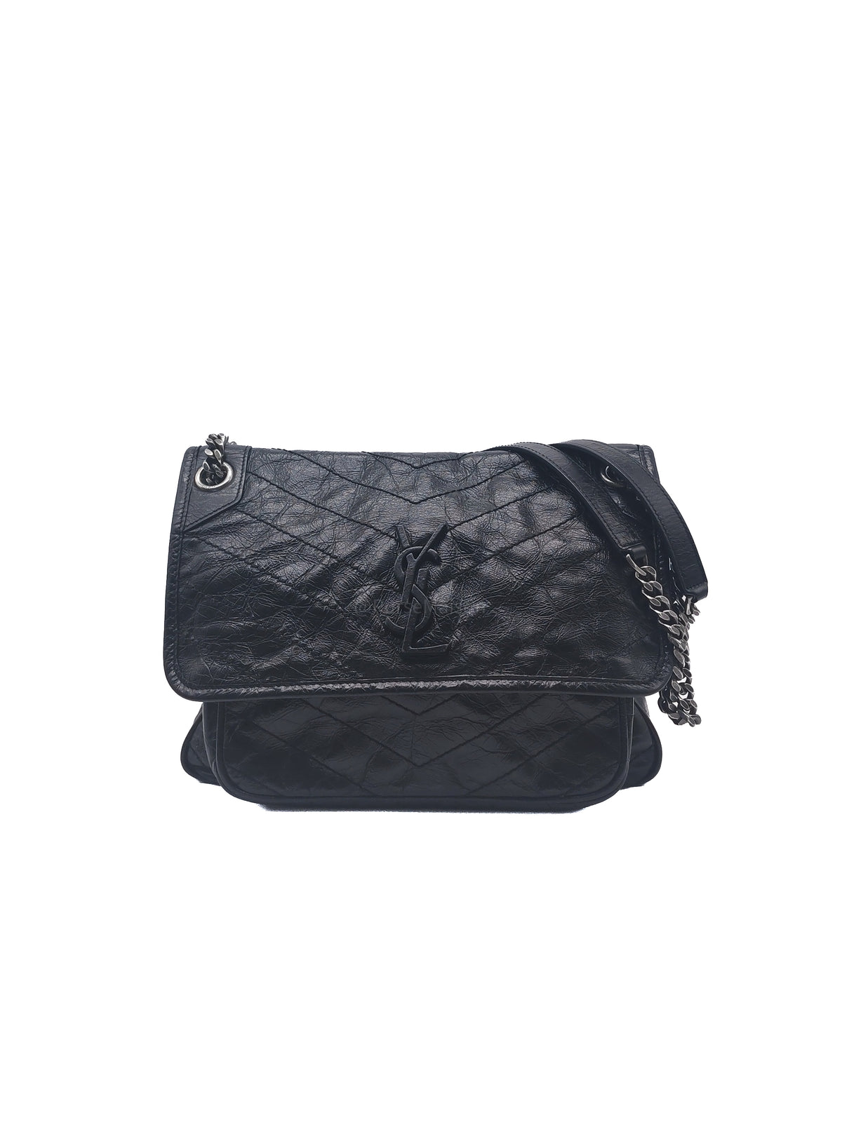 Yves Saint Laurent Niki Shoulder Bag Medium in Black Quilted Crinkled Calfskin Leather and Mixed Hardware | Purse Maison Luxury Bags Shop