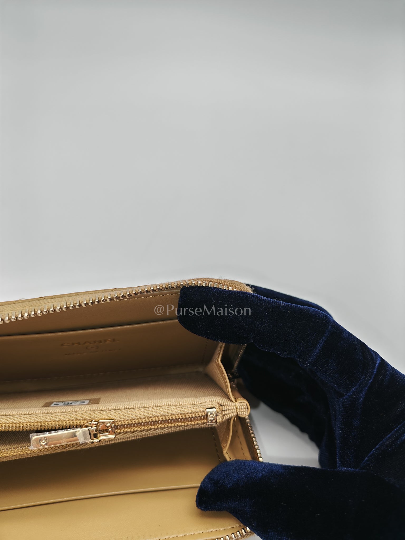 Zip Around Wallet in Dark Beige Caviar Leather and Gold Hardware (Microchip) | Purse Maison Luxury Bags Shop