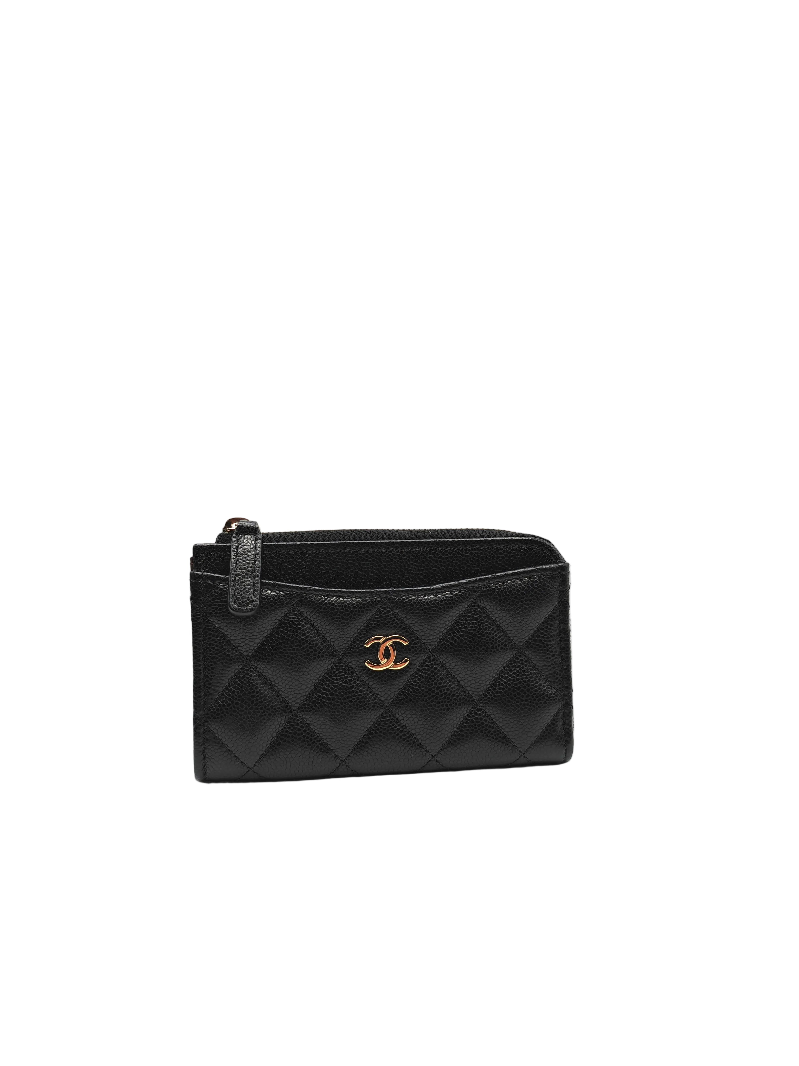 Zip Card Holder in Black Caviar Leather and Gold Hardware (Microchip) | Purse Maison Luxury Bags Shop