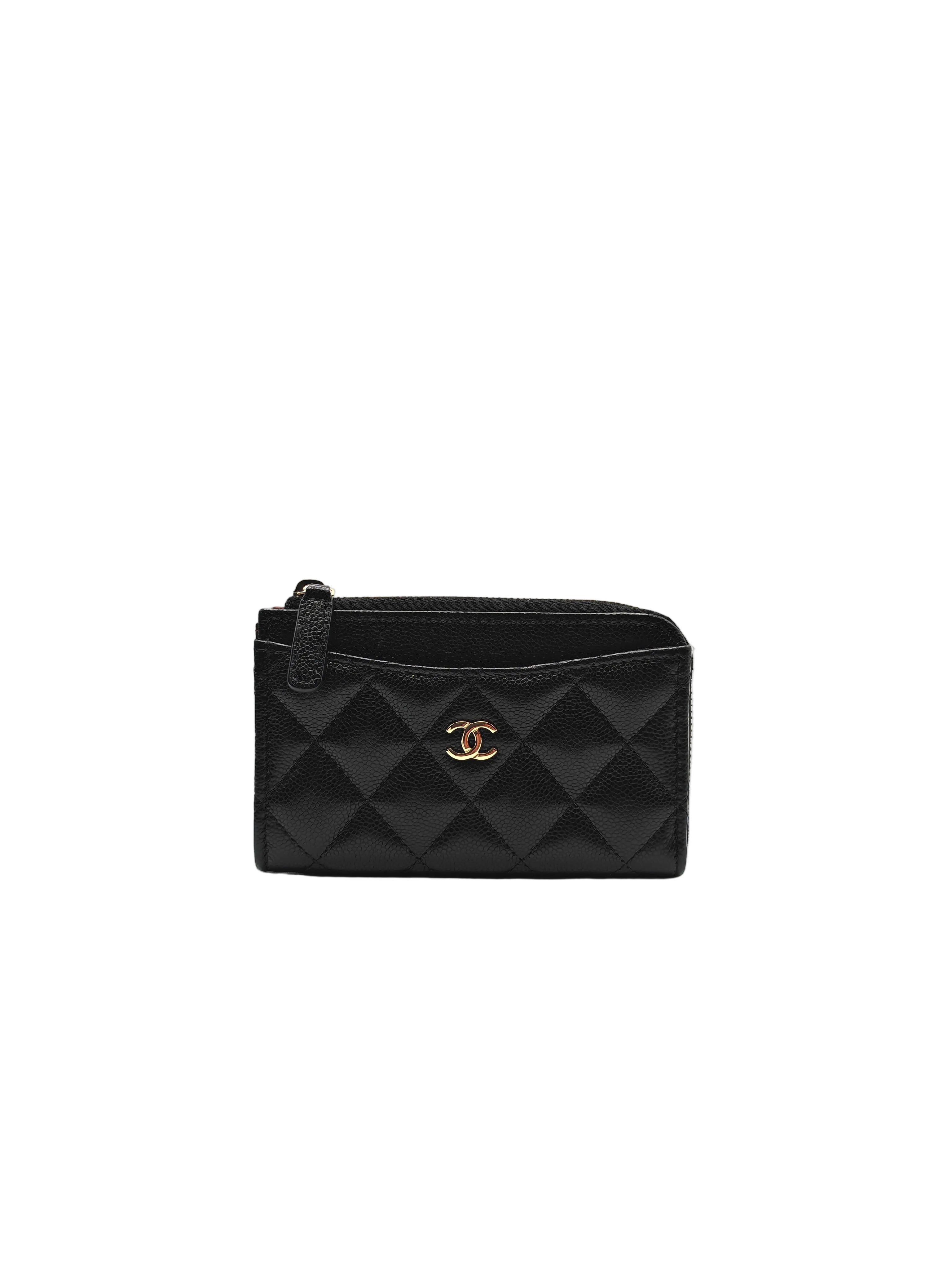 Zip Card Holder in Black Caviar Leather and Gold Hardware (Microchip) | Purse Maison Luxury Bags Shop