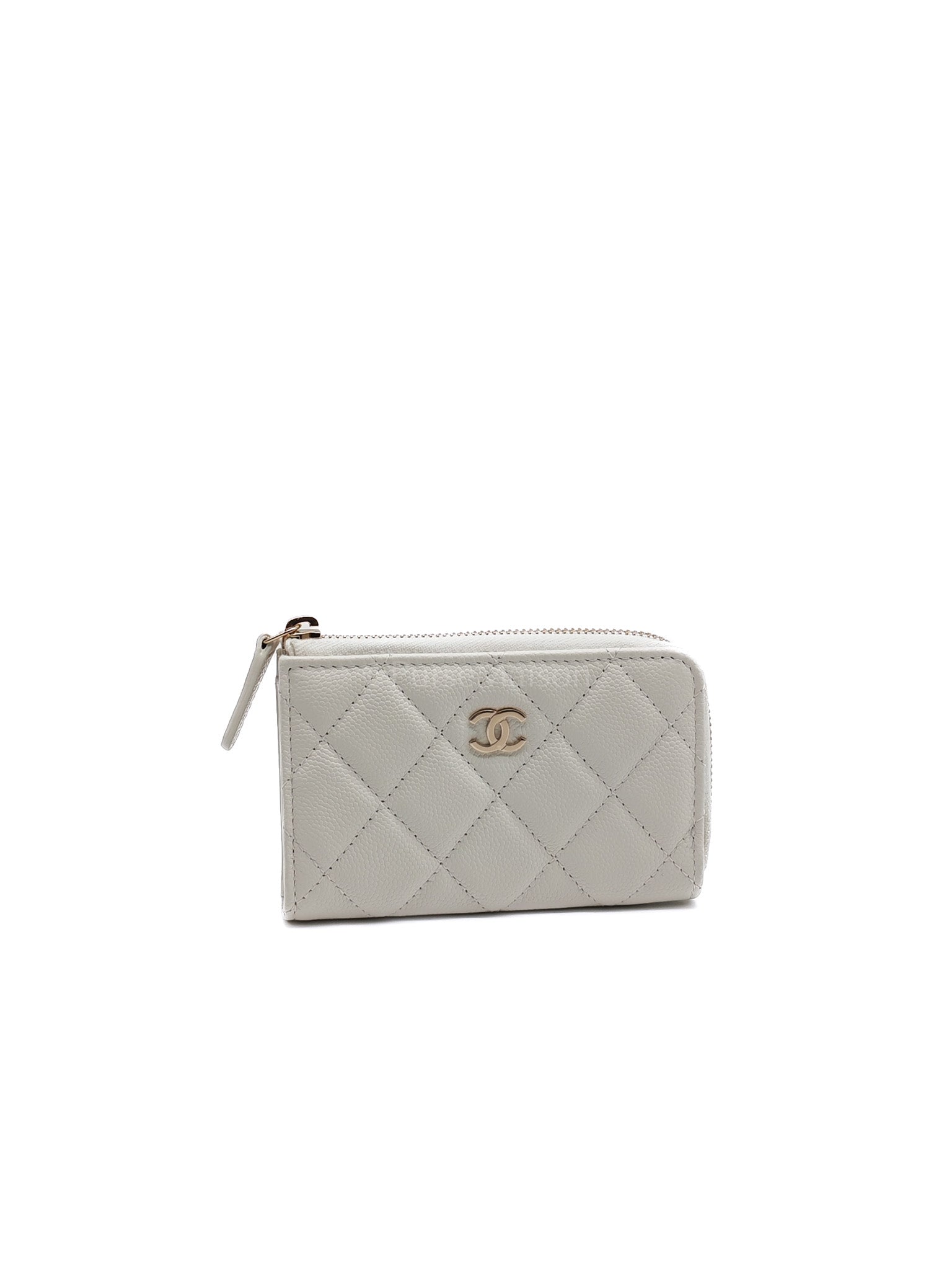 Zippy Key Pouch in White Quilted Caviar Leather and Light Gold Hardware (Microchip) | Purse Maison Luxury Bags Shop