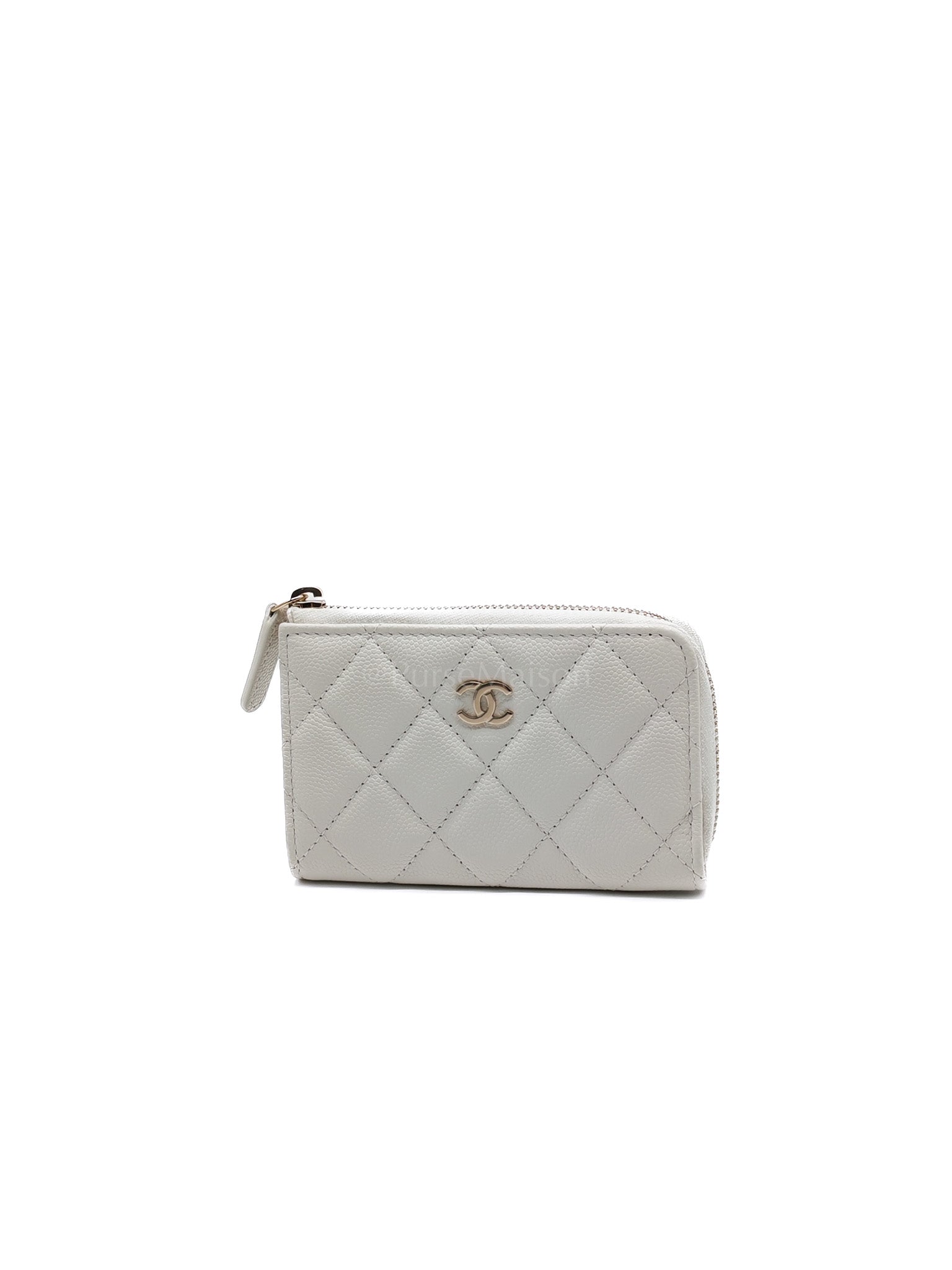 Zippy Key Pouch in White Quilted Caviar Leather and Light Gold Hardware (Microchip) | Purse Maison Luxury Bags Shop