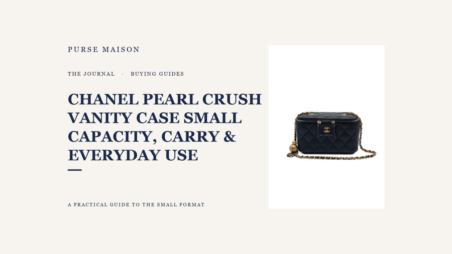 Purse Maison Journal cover featuring the Chanel Pearl Crush Vanity Case Small in navy blue lambskin and gold hardware.