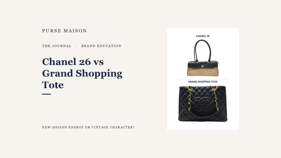 Two labeled Chanel totes: Chanel 26 Urban Essential and Grand Shopping Tote, on a Purse Maison Journal comparison cover.