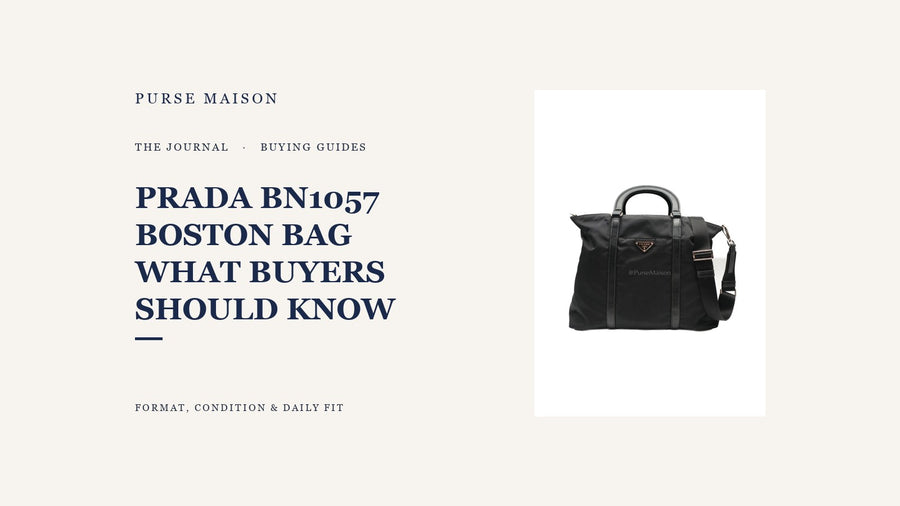 Prada BN1057 Boston Bag buyer’s guide cover with the exact black Tessuto nylon and Saffiano-trim bag.