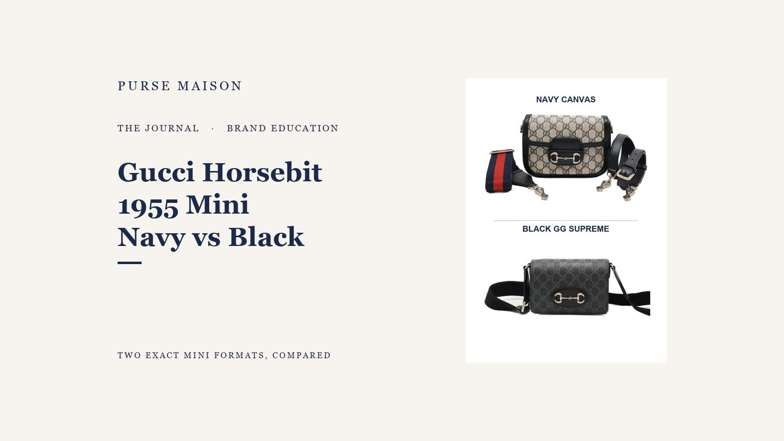 Two labeled Gucci Horsebit 1955 Mini bags: navy canvas and black GG Supreme, on a Purse Maison Journal comparison cover.