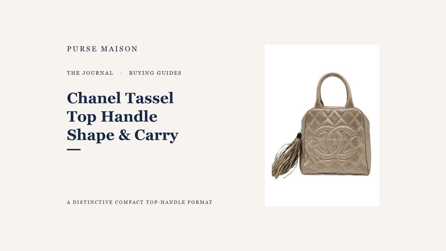 Chanel Tassel Top Handle Bag in metallic quilted caviar leather with rounded handles, oversized CC motif, and side tassel on a Purse Maison Journal cover.