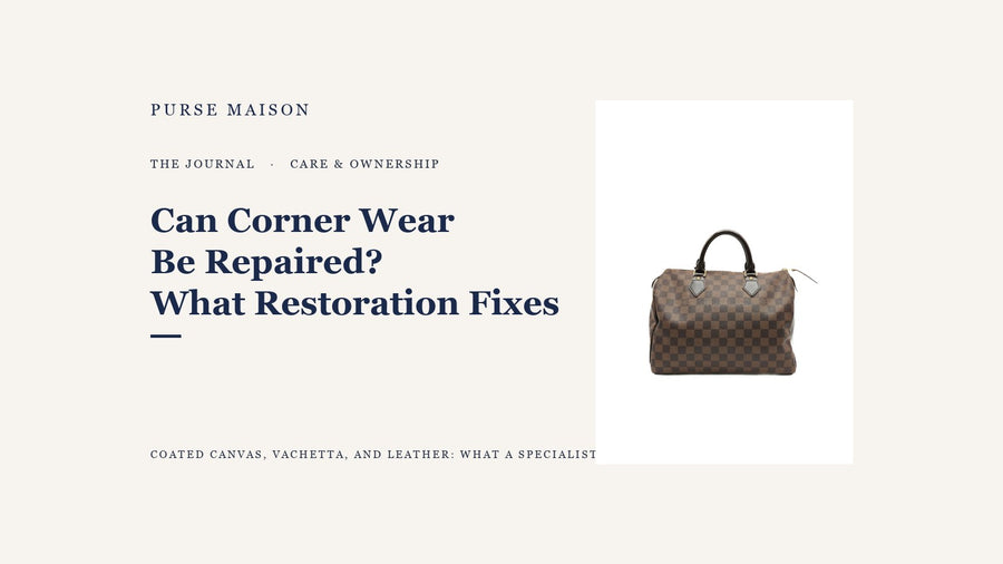 Louis Vuitton Speedy in Damier Ebene canvas on a clean editorial background, titled Can Corner Wear Be Repaired