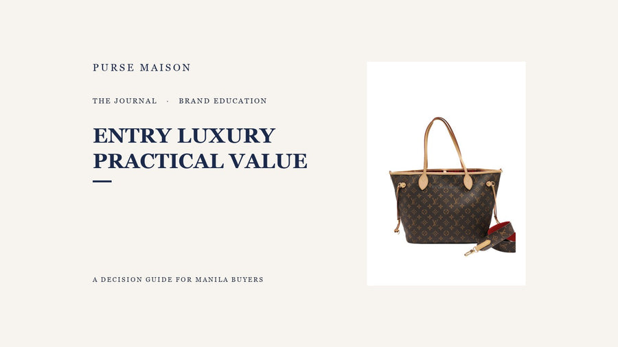 Editorial cover featuring a Louis Vuitton Neverfull Bandouliere Inside Out MM in Monogram Canvas (Microchip), with Entry Luxury Practical Value typography.