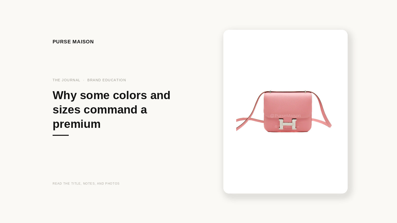 Purse Maison Journal cover: Why some colors and sizes command a premium, featuring the live Hermès Constance 18 listing photo.