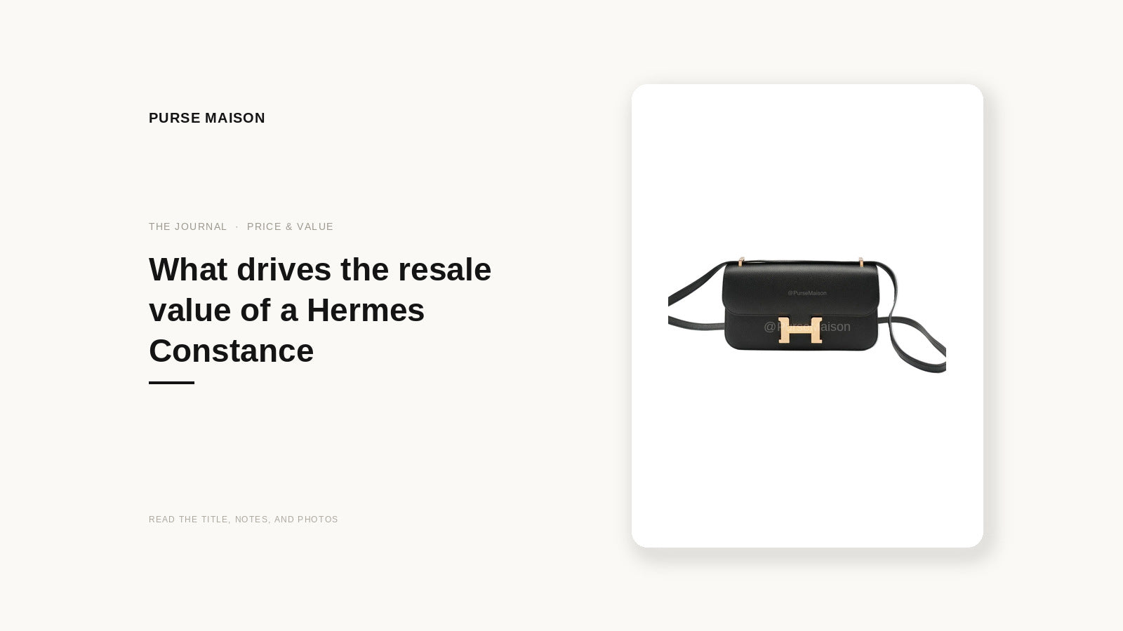 Purse Maison Journal cover: What drives the resale value of a Hermes Constance, featuring the live Constance Elan listing photo.