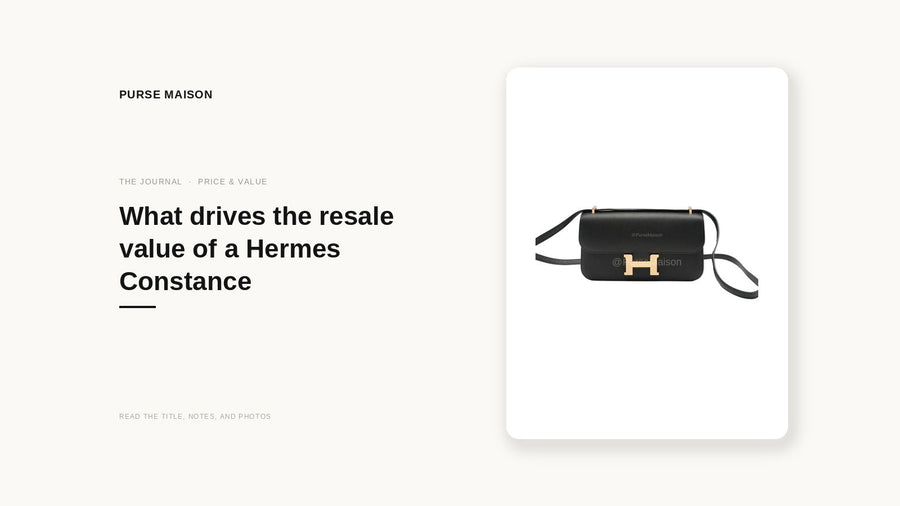 Purse Maison Journal cover: What drives the resale value of a Hermes Constance, featuring the live Constance Elan listing photo.