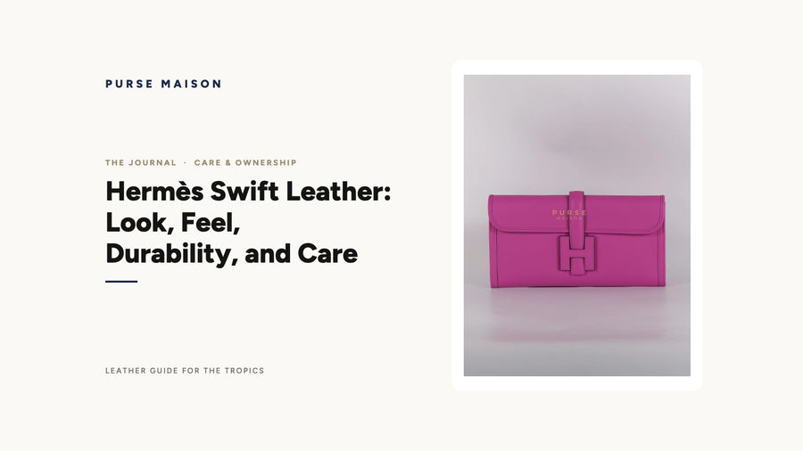 Purse Maison Journal cover: Hermes Swift Leather guide, featuring an Hermes Jige Elan 29 in Magnolia Swift