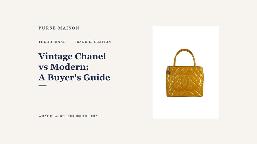 Vintage Chanel vs Modern Chanel buyer's guide cover featuring a vintage Chanel Medallion bag in mustard patent leather