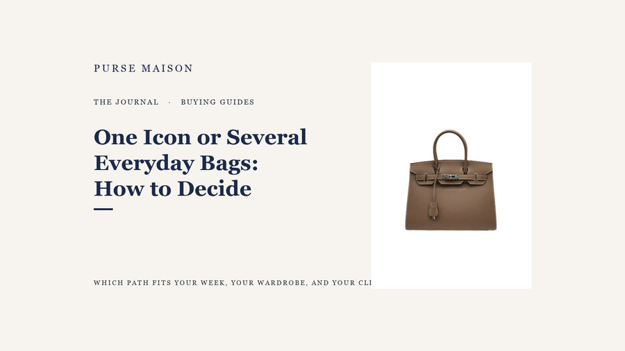 Hermes Birkin in Etoupe Epsom on a clean editorial background, titled One Icon Bag vs Several Everyday Bags