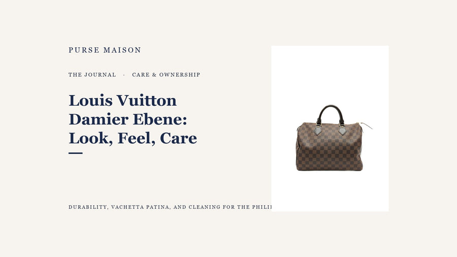 Louis Vuitton Speedy 30 in Damier Ebene coated canvas, illustrating the checkerboard pattern covered in this care guide