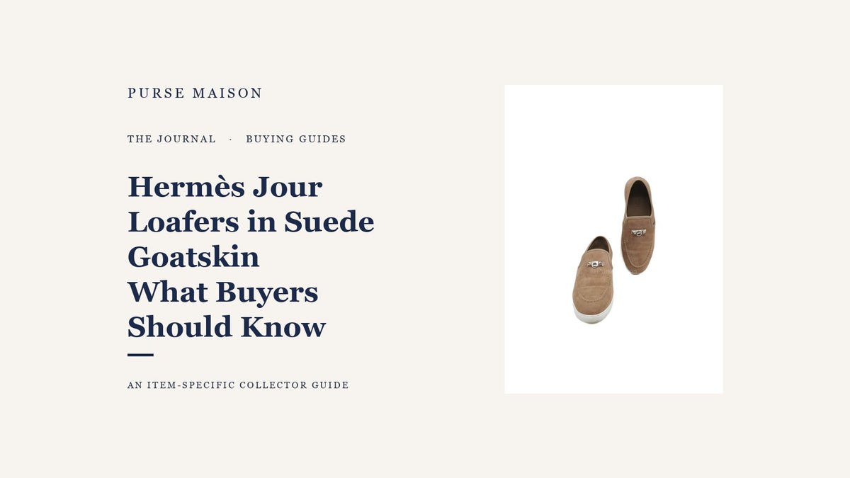 Brown Hermès Jour loafers in suede goatskin with silver-toned Médor hardware on the Purse Maison Journal cover
