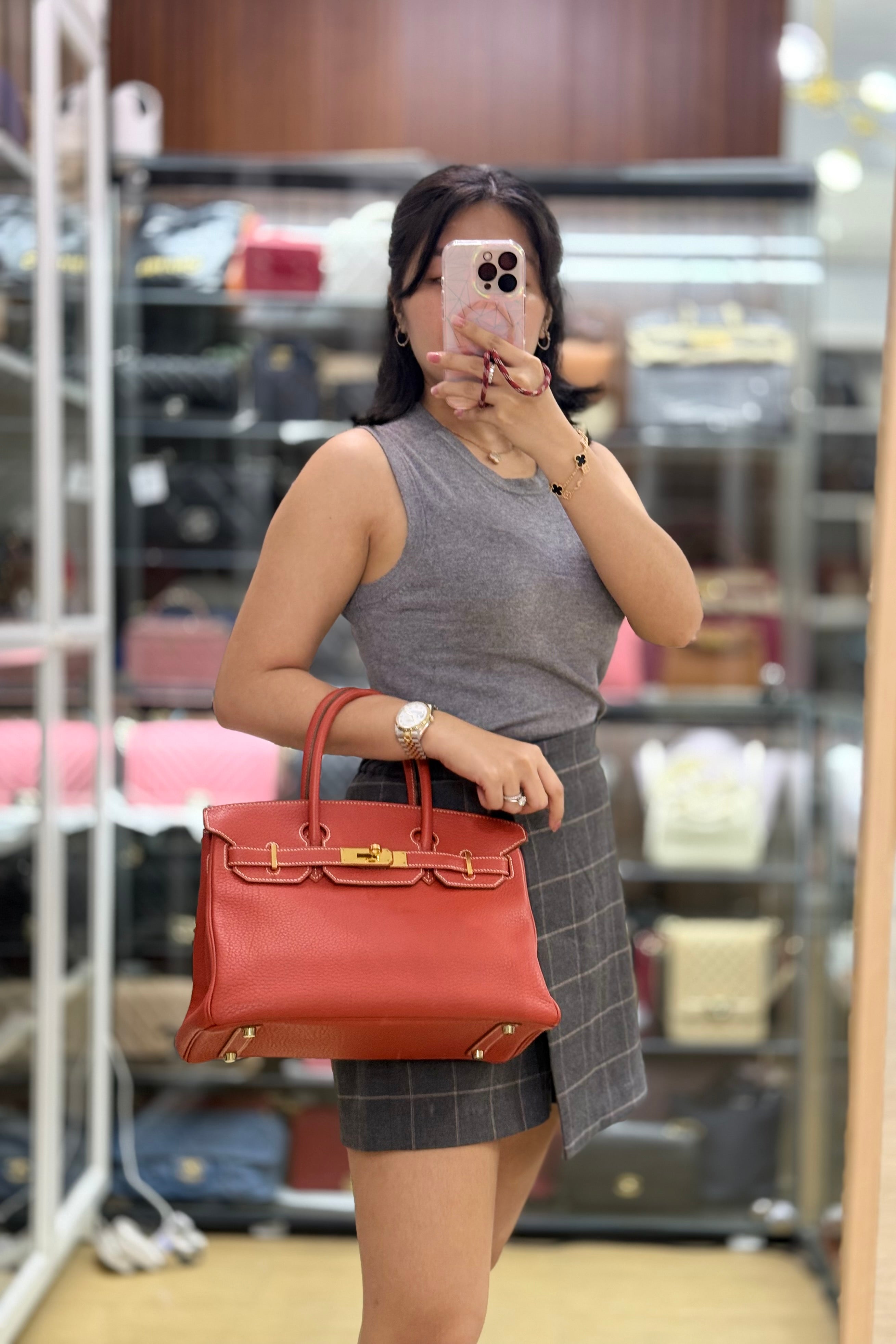 Birkin 30 in Sanguine Clemence Leather & Gold Hardware Stamp Square Q | Purse Maison Luxury Bags Shop