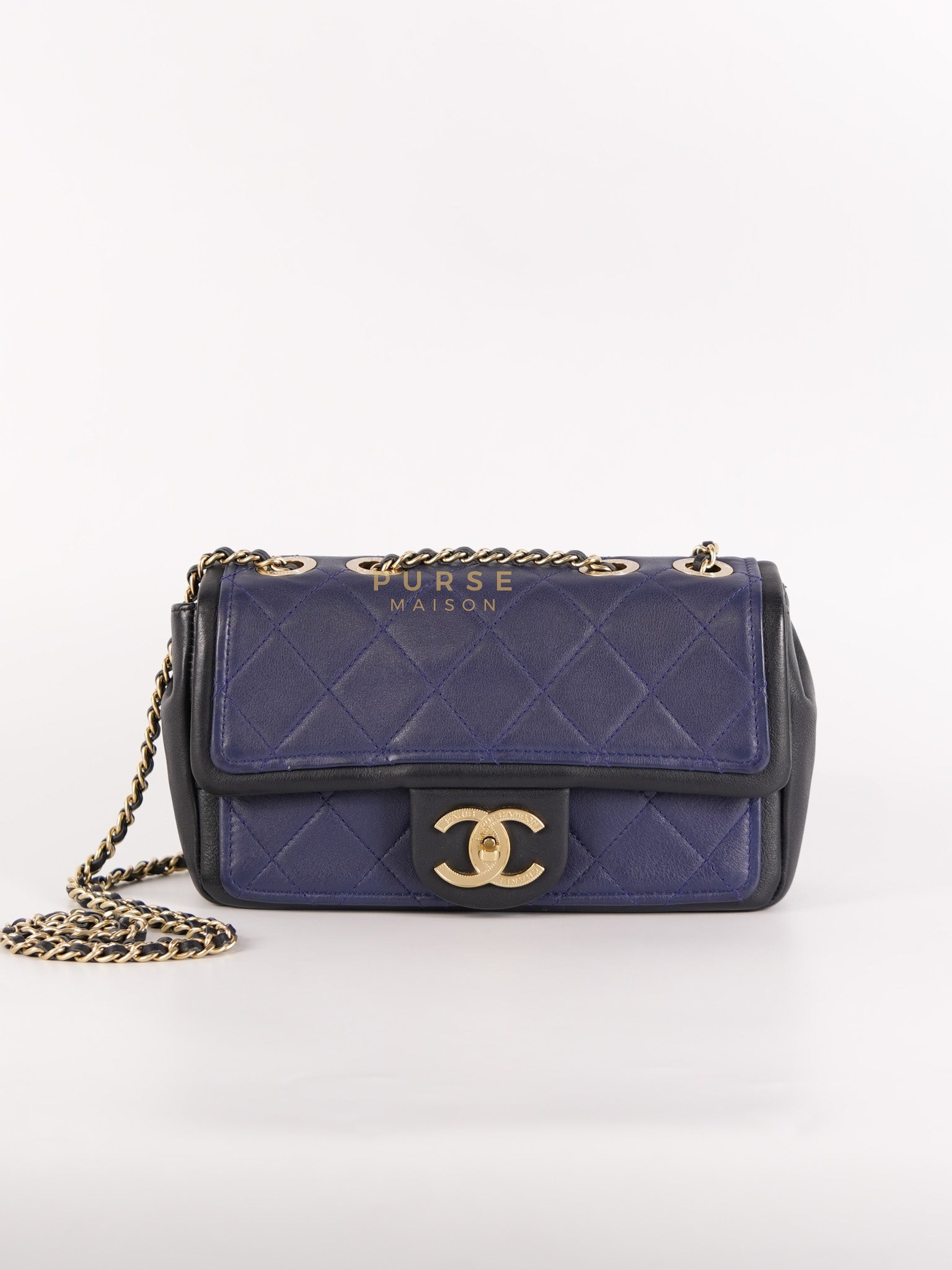 14P Mini Flap Graphic Logo Two-Tone Quilted Calfskin Leather in Gold Hardware Series 19 | Purse Maison Luxury Bags Shop