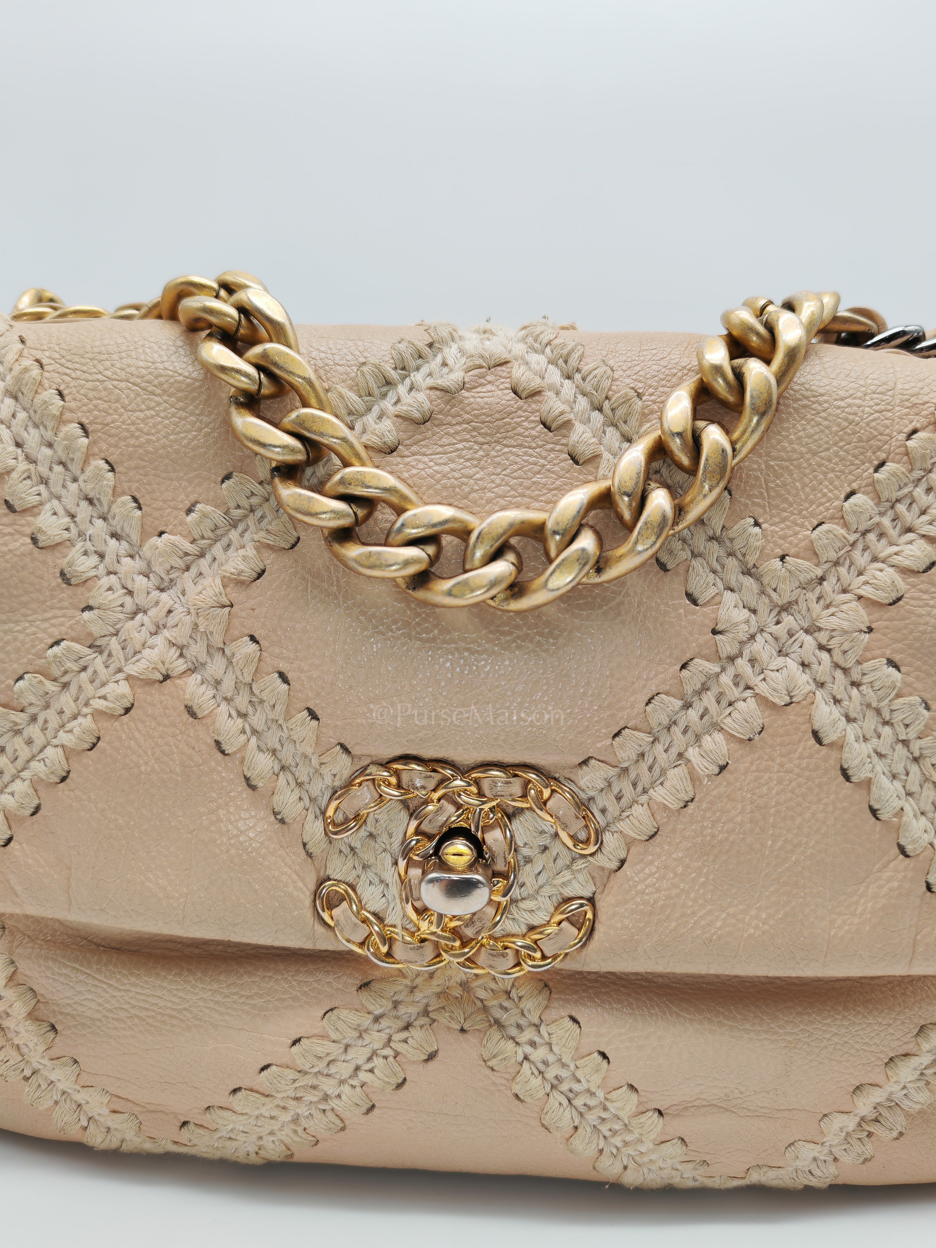 19 Flap Bag in Beige Crochet Quilted Calfskin Leather & Mix Hardware Series 30 | Purse Maison Luxury Bags Shop
