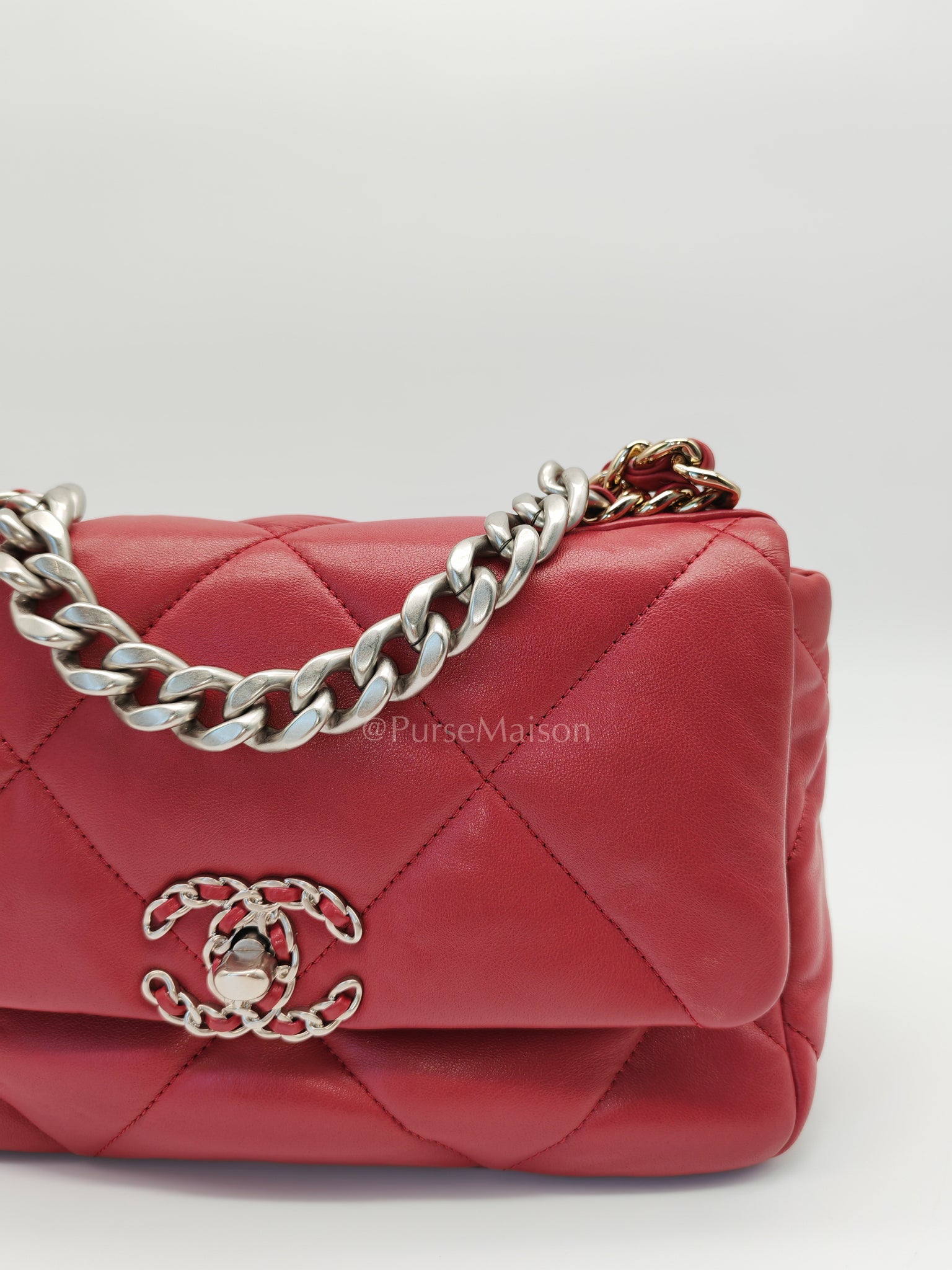 19 Flap Bag in Dark Pink Lambskin Leather and Mix Hardware Microchip | Purse Maison Luxury Bags Shop