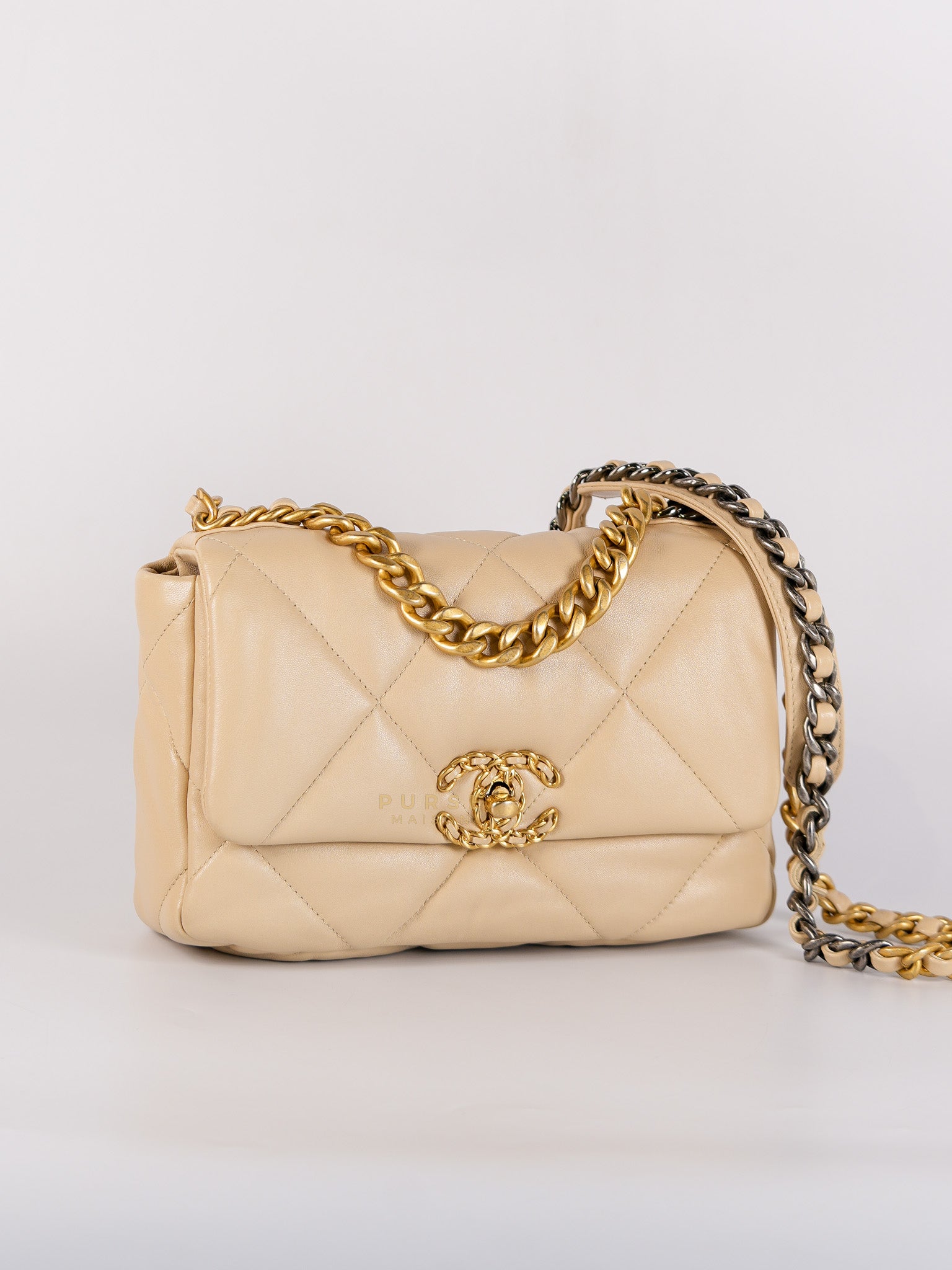 19 Light Beige Small Quilted Lambskin Leather in Mix Hardware (Microchip) | Purse Maison Luxury Bags Shop