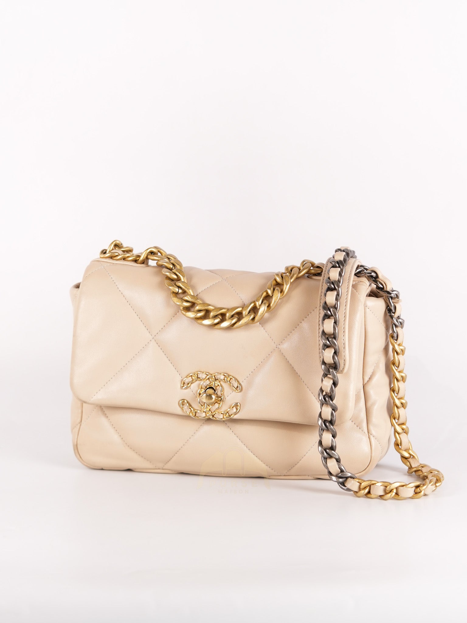 19 Medium in Beige Lambskin Leather & Mixed Hardware Microchip | Purse Maison Luxury Bags Shop