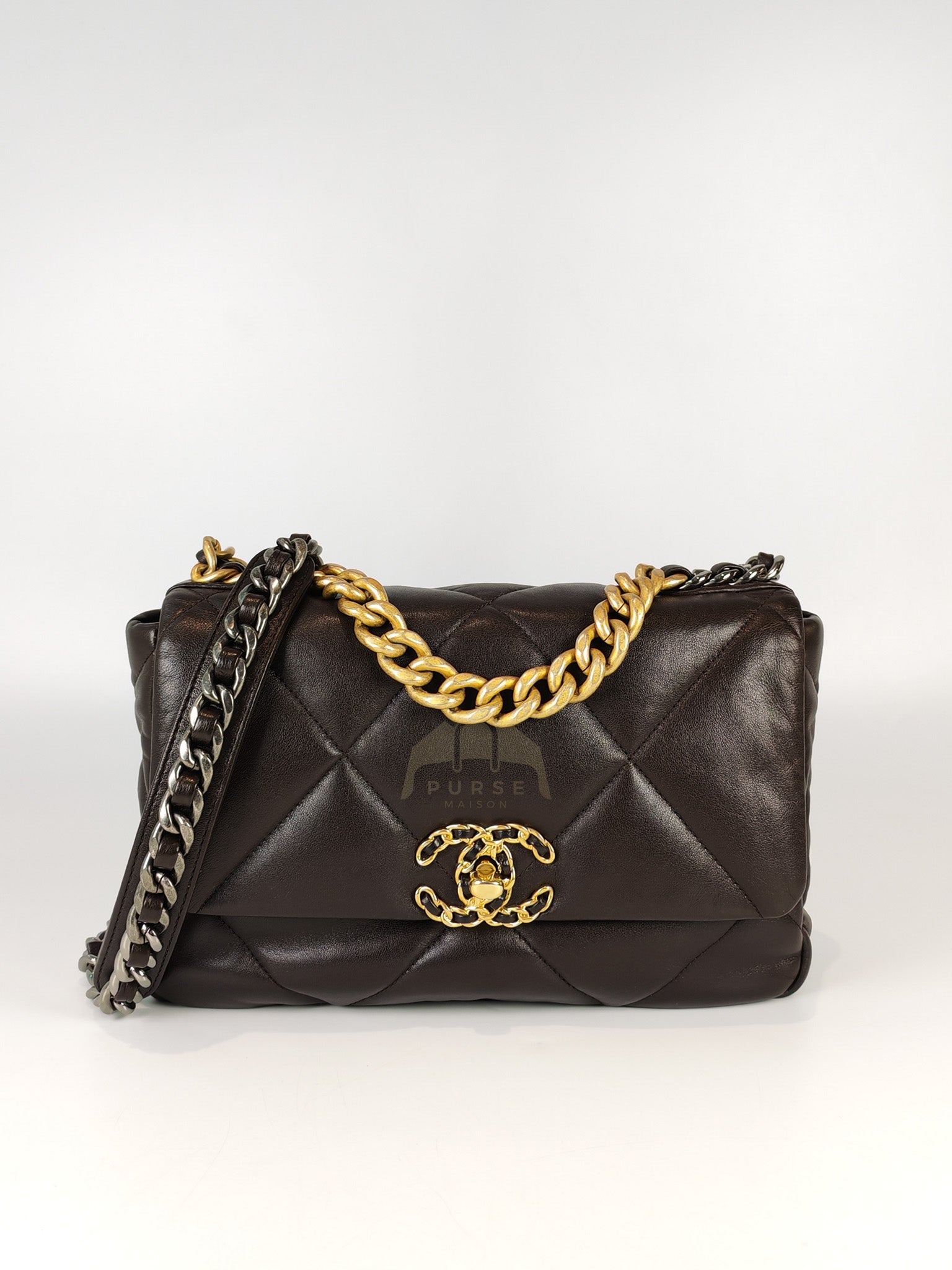 19 Small Flap Bag in Burgundy Brown Lambskin Leather & Mixed Hardware Microchip | Purse Maison Luxury Bags Shop