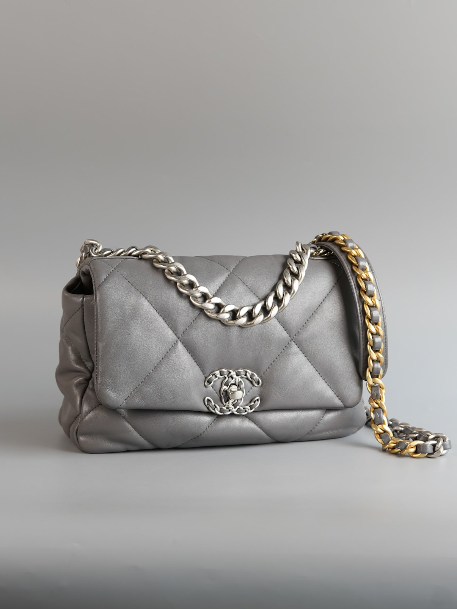 19 Small Gray Lambskin Leather and Silver Hardware