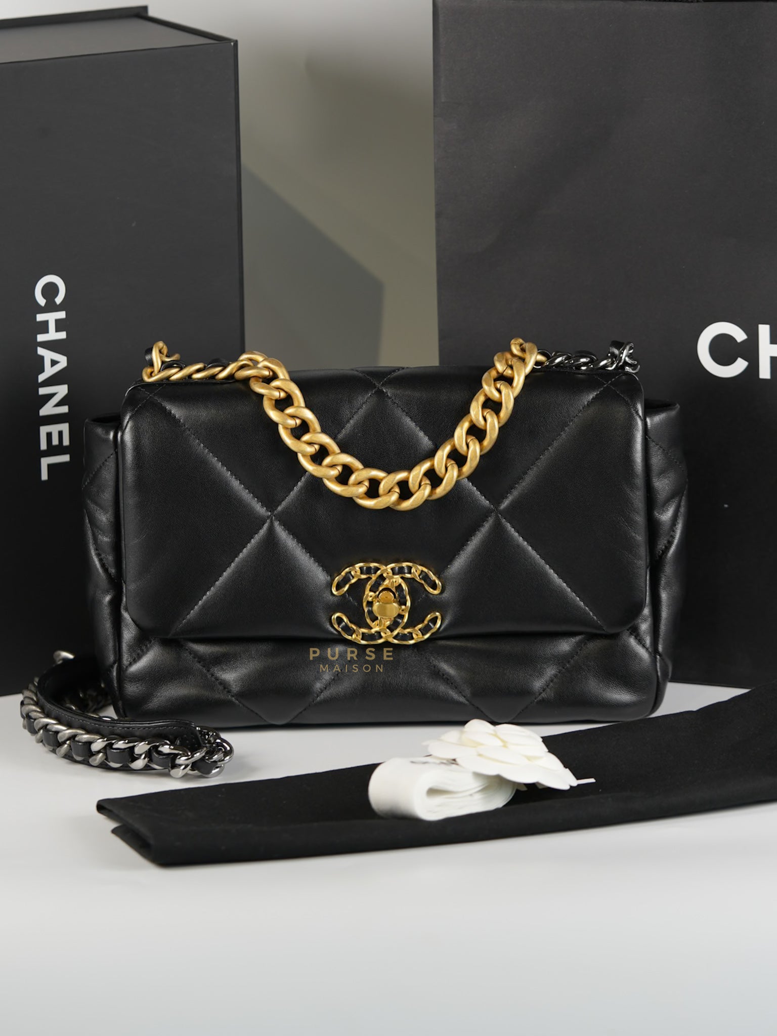 19 Small in Black Quilted Lambskin Leather in Mixed Hardware Microchip | Purse Maison Luxury Bags Shop
