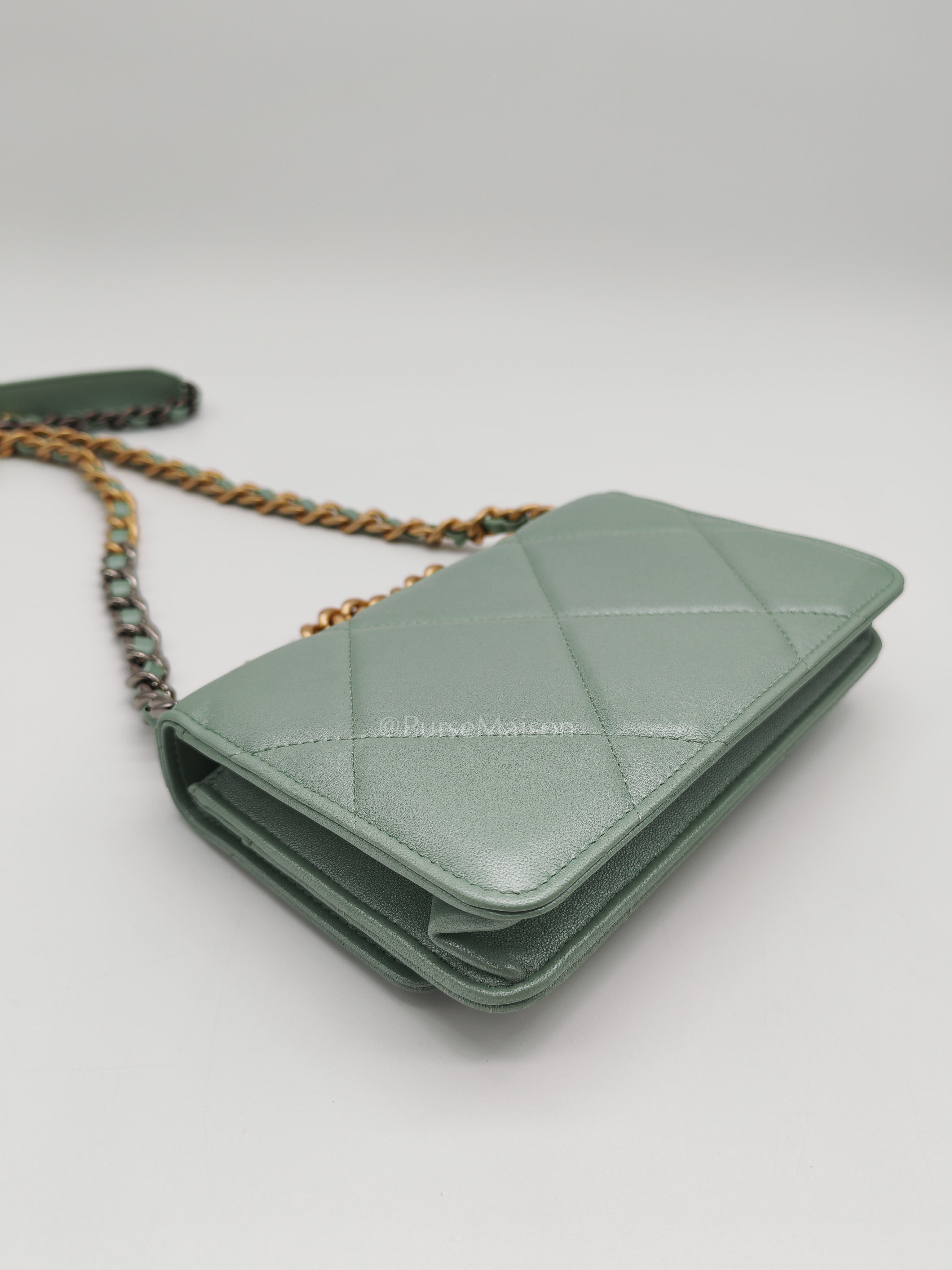 19 Wallet on Chain in Light Green Lambskin Leather & Gold Hardware Microchip | Purse Maison Luxury Bags Shop