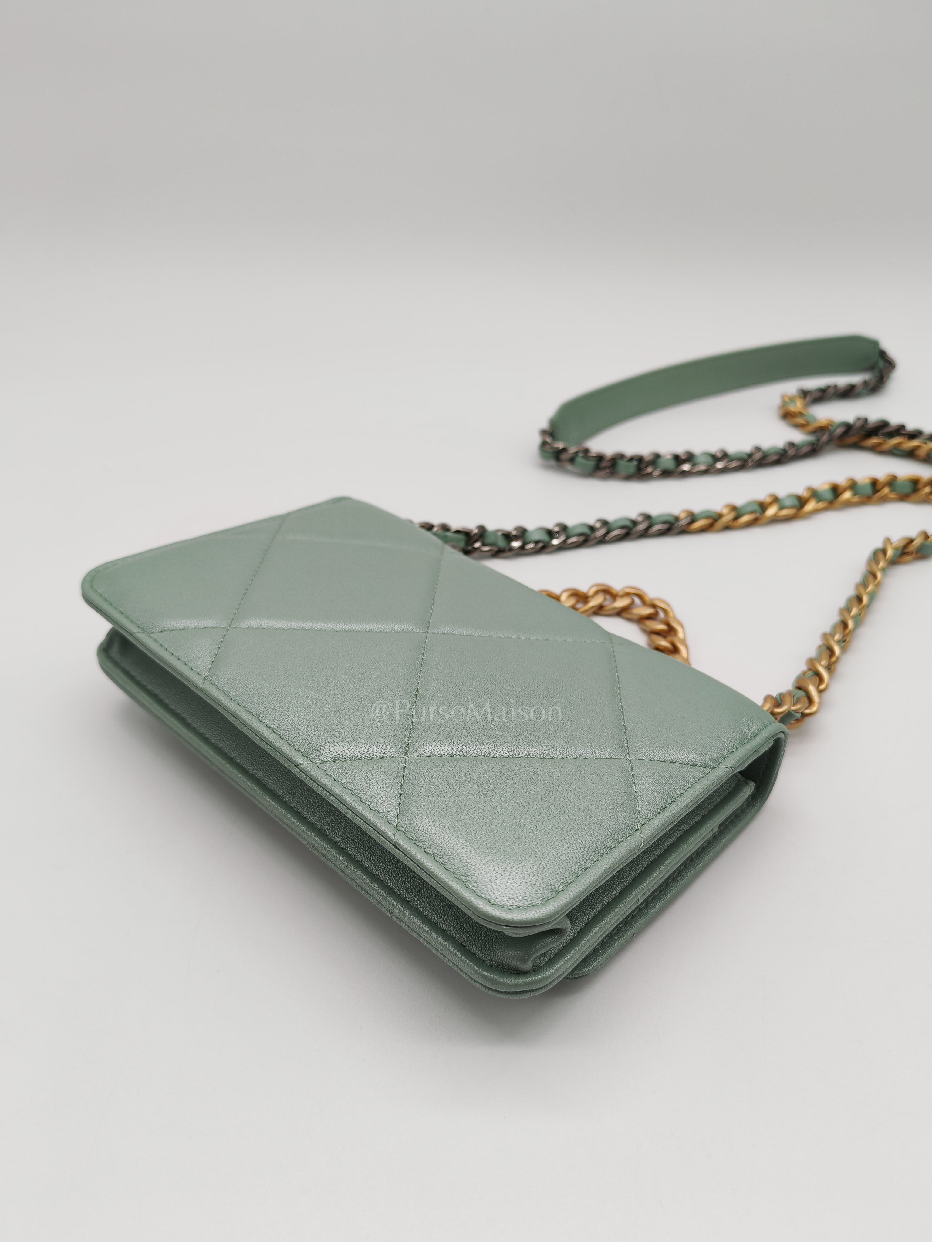 19 Wallet on Chain in Light Green Lambskin Leather & Gold Hardware Microchip | Purse Maison Luxury Bags Shop