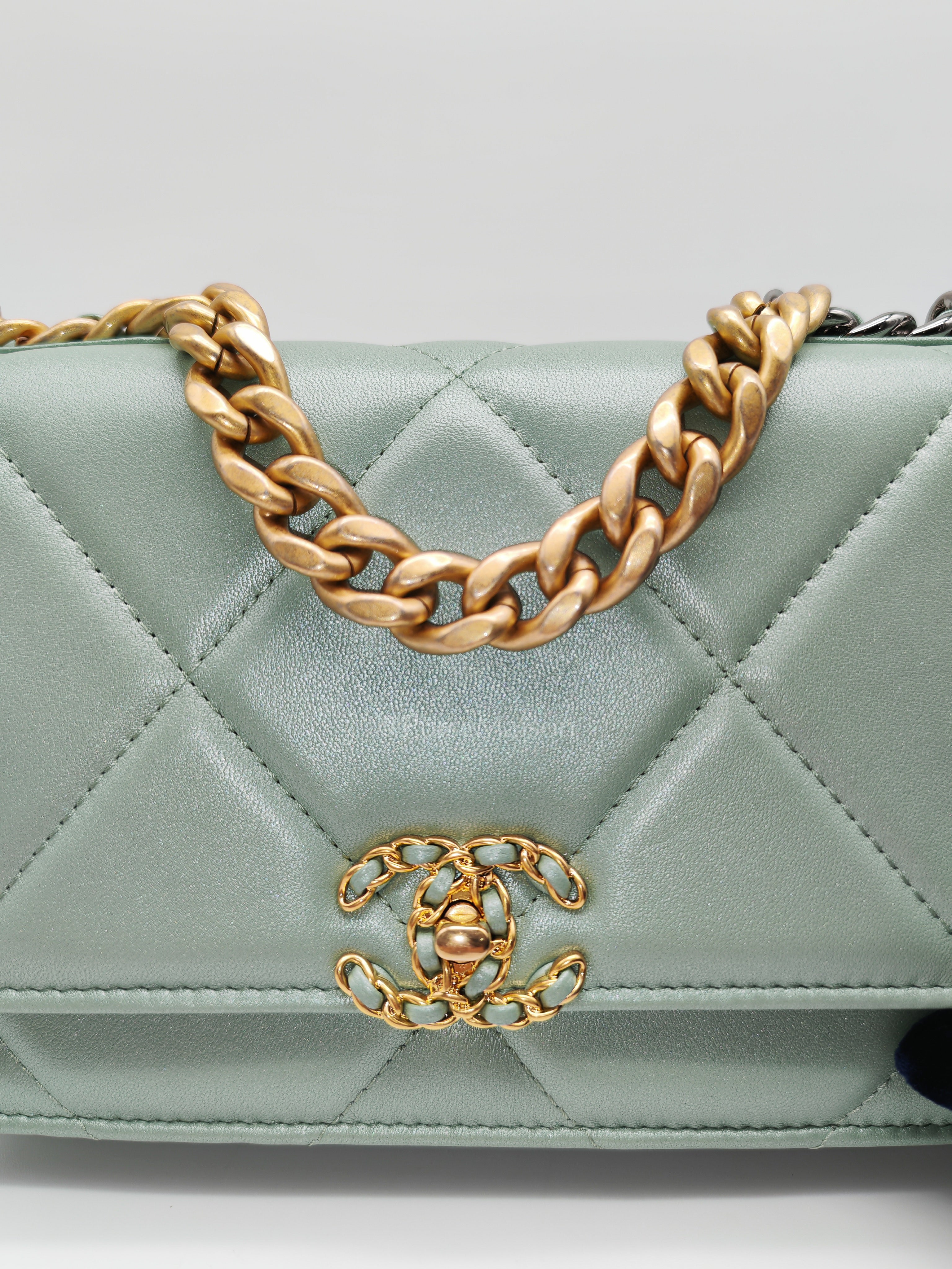 19 Wallet on Chain in Light Green Lambskin Leather & Gold Hardware Microchip | Purse Maison Luxury Bags Shop