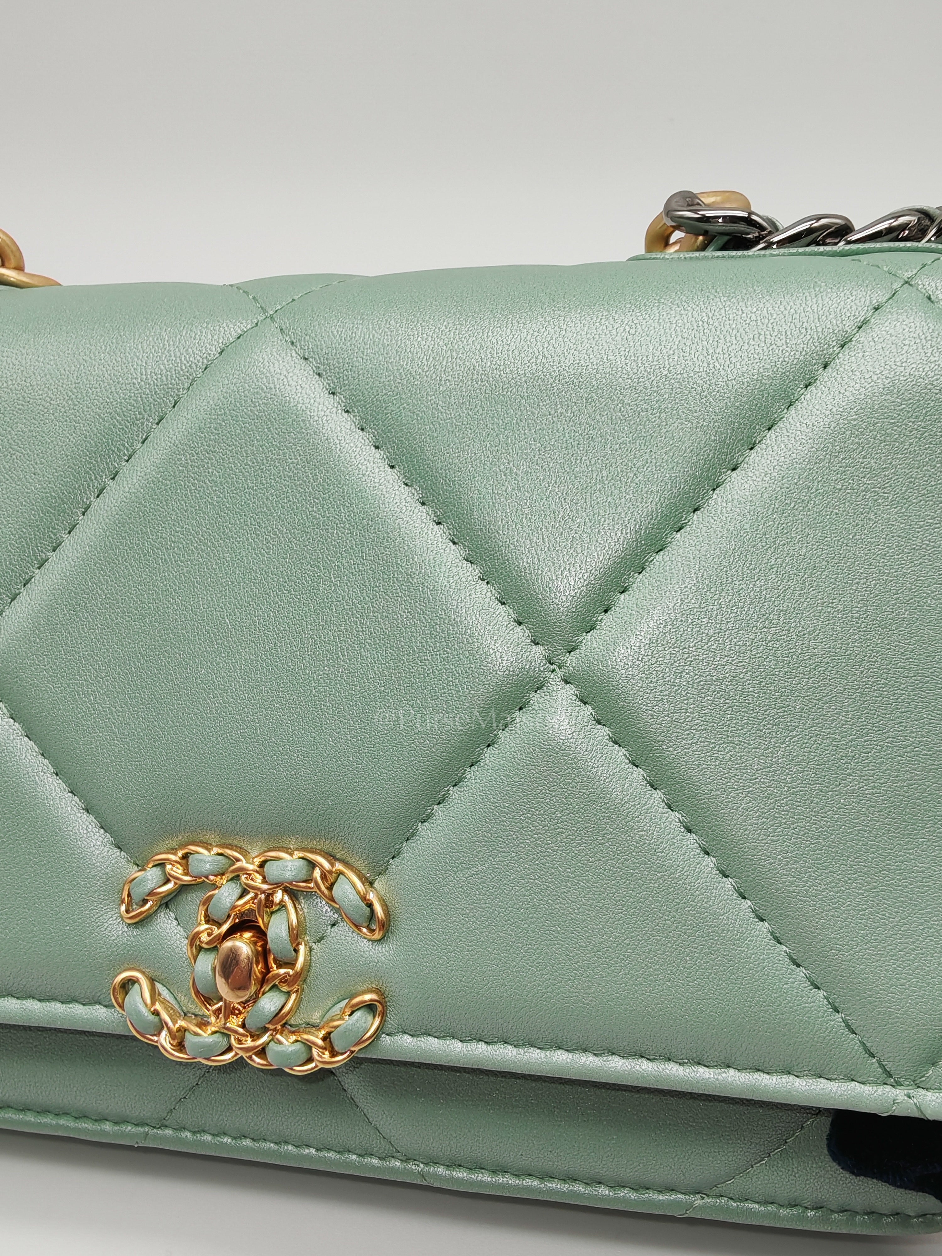 19 Wallet on Chain in Light Green Lambskin Leather & Gold Hardware Microchip | Purse Maison Luxury Bags Shop