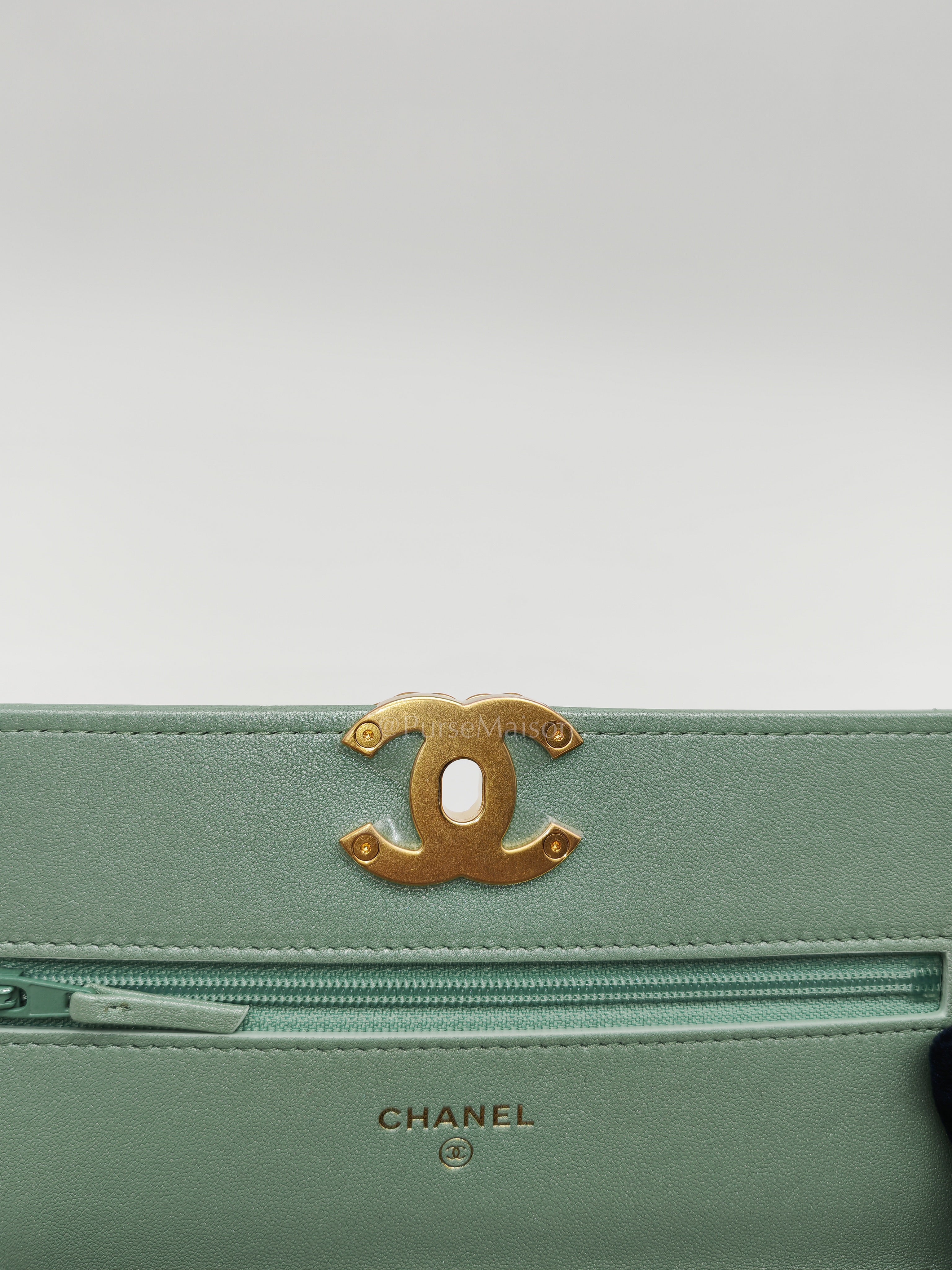 19 Wallet on Chain in Light Green Lambskin Leather & Gold Hardware Microchip | Purse Maison Luxury Bags Shop