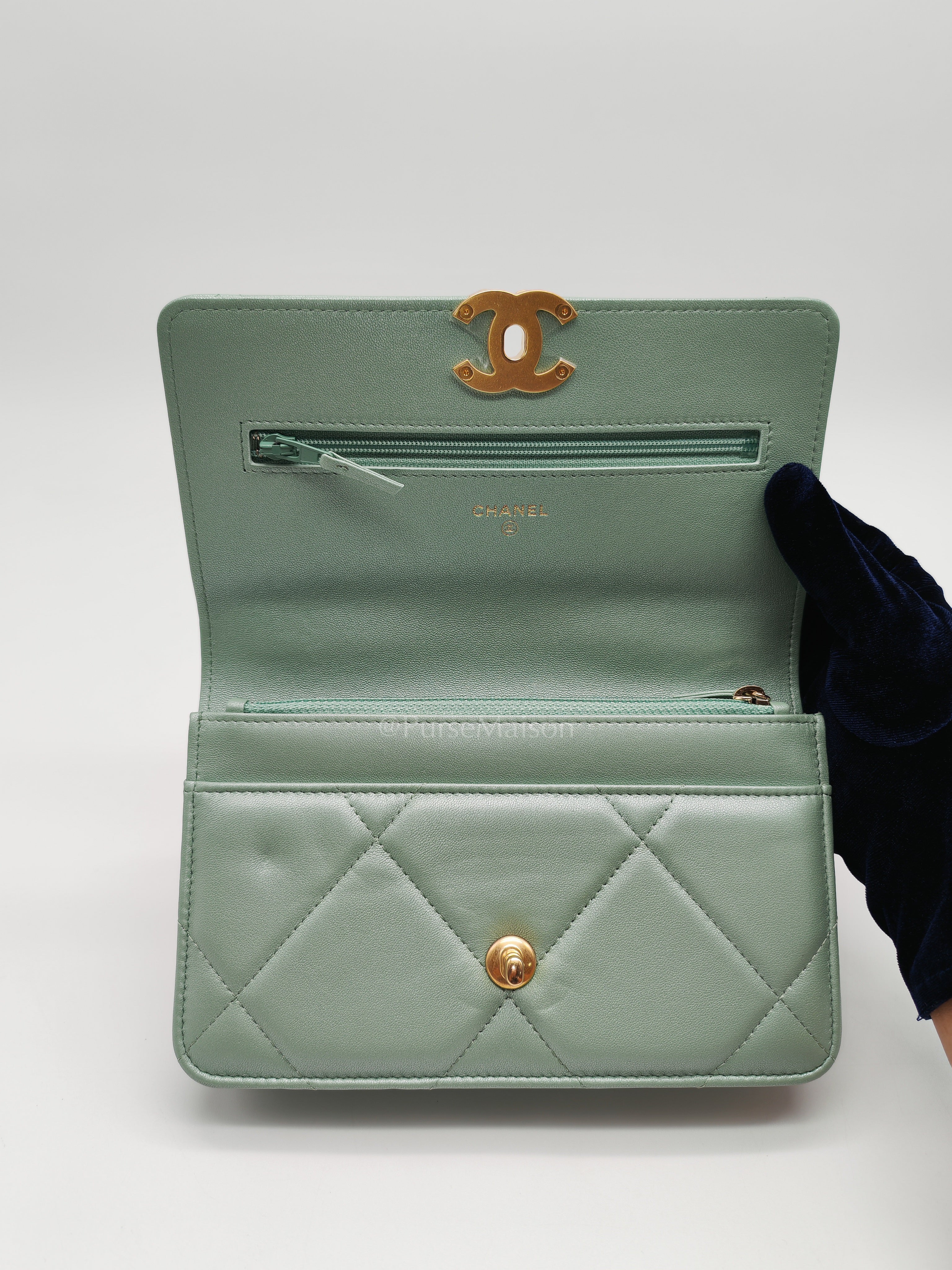 19 Wallet on Chain in Light Green Lambskin Leather & Gold Hardware Microchip | Purse Maison Luxury Bags Shop