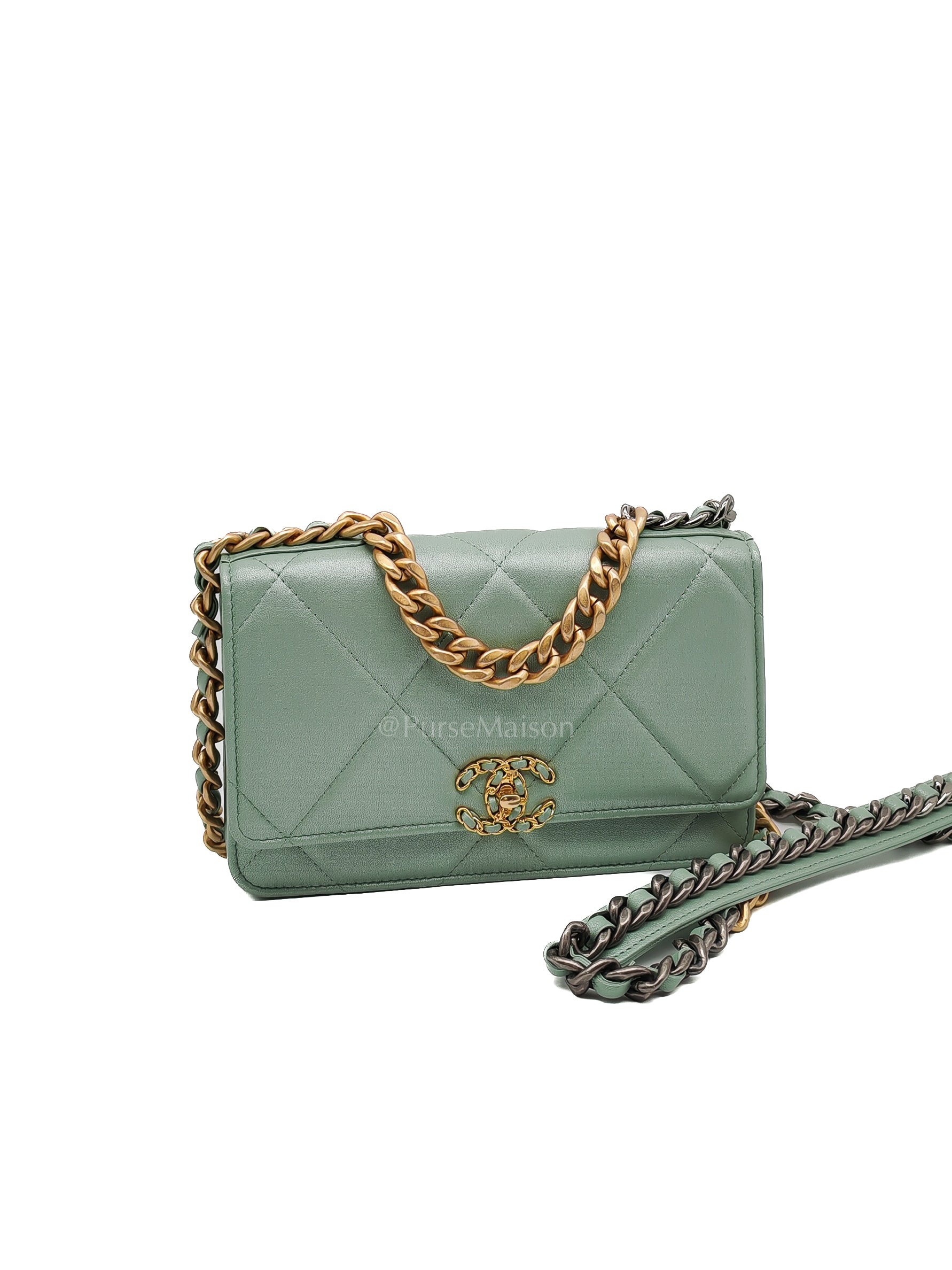 19 Wallet on Chain in Light Green Lambskin Leather & Gold Hardware Microchip | Purse Maison Luxury Bags Shop