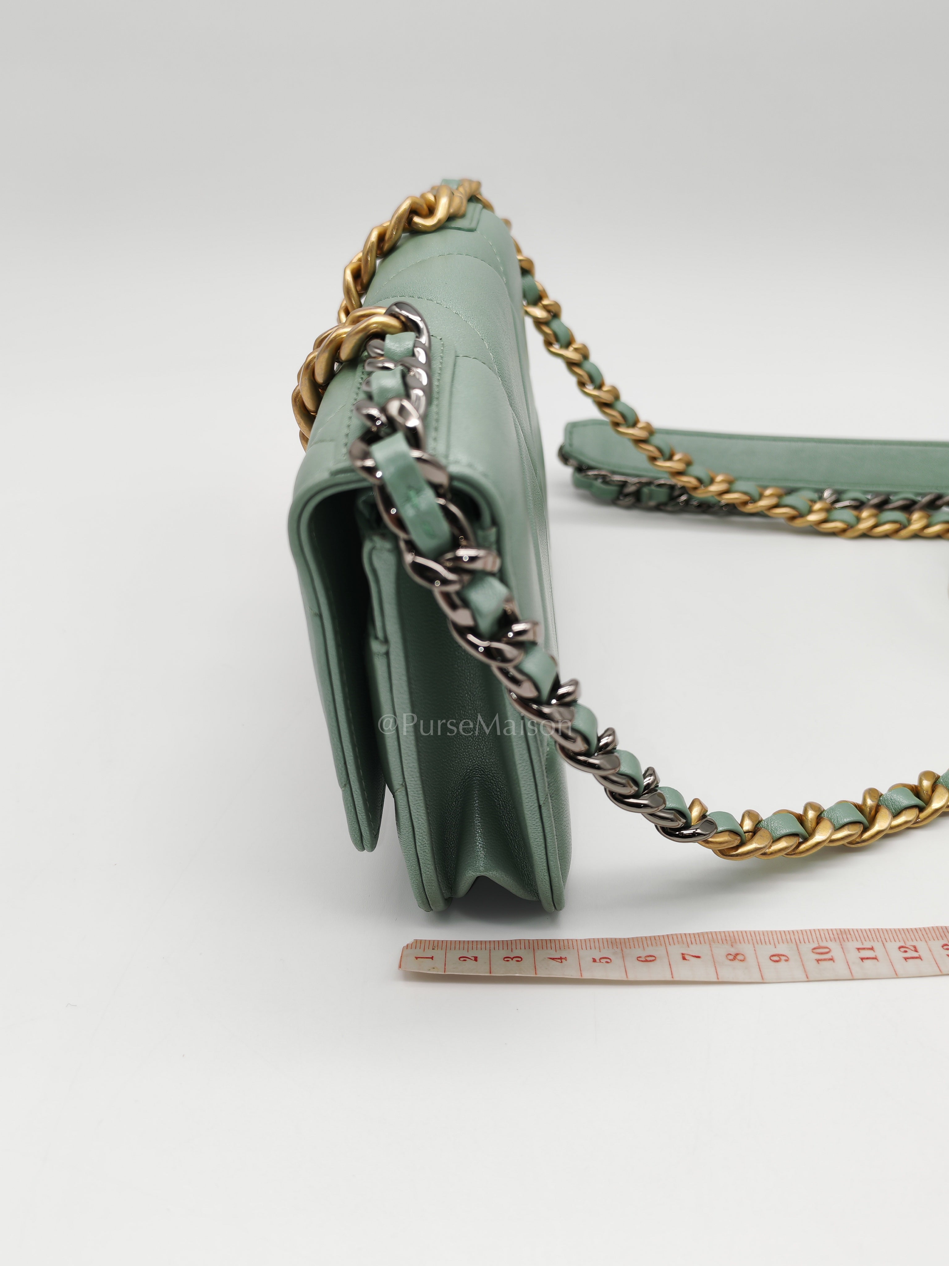 19 Wallet on Chain in Light Green Lambskin Leather & Gold Hardware Microchip | Purse Maison Luxury Bags Shop