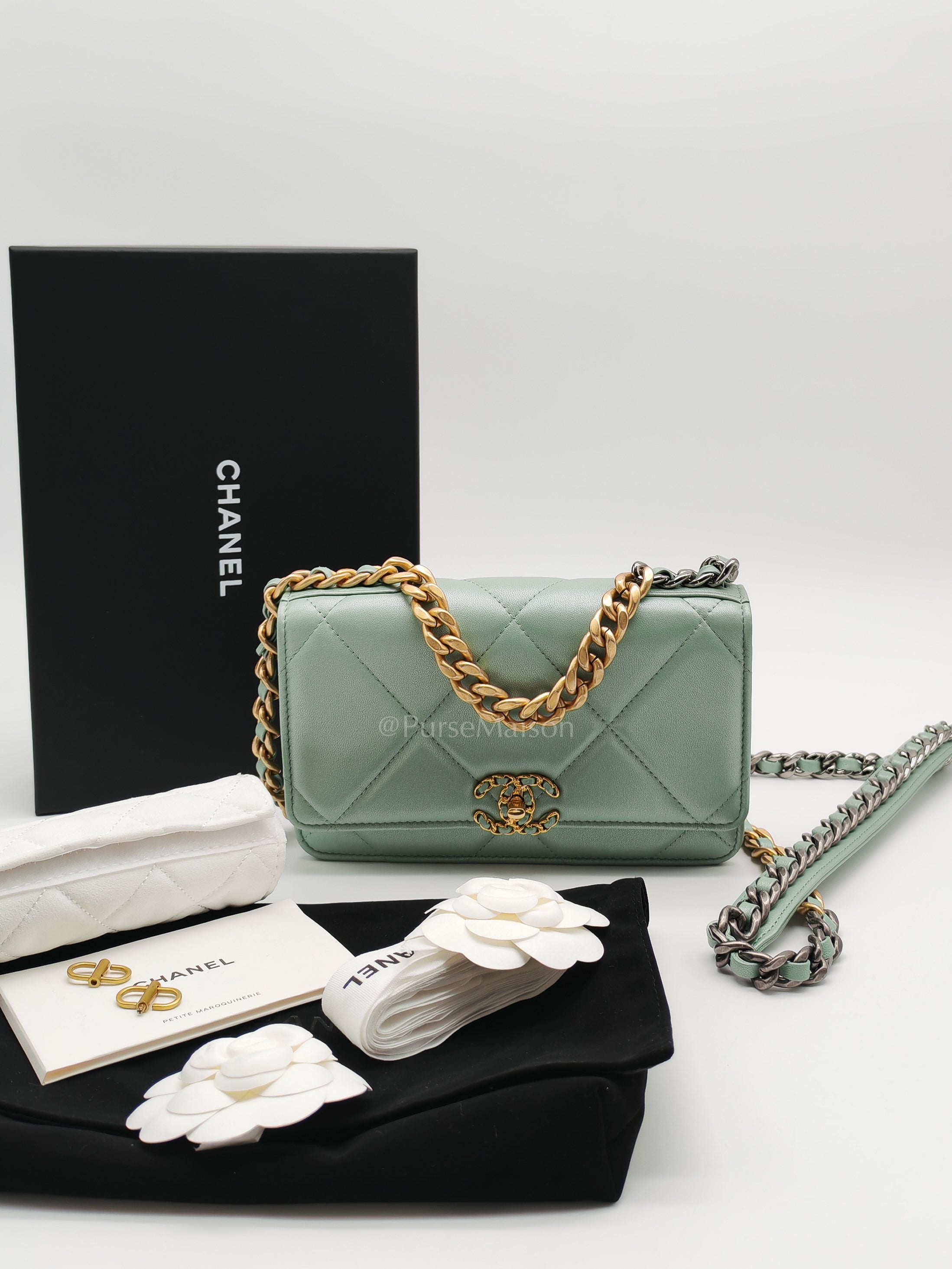 19 Wallet on Chain in Light Green Lambskin Leather & Gold Hardware Microchip | Purse Maison Luxury Bags Shop