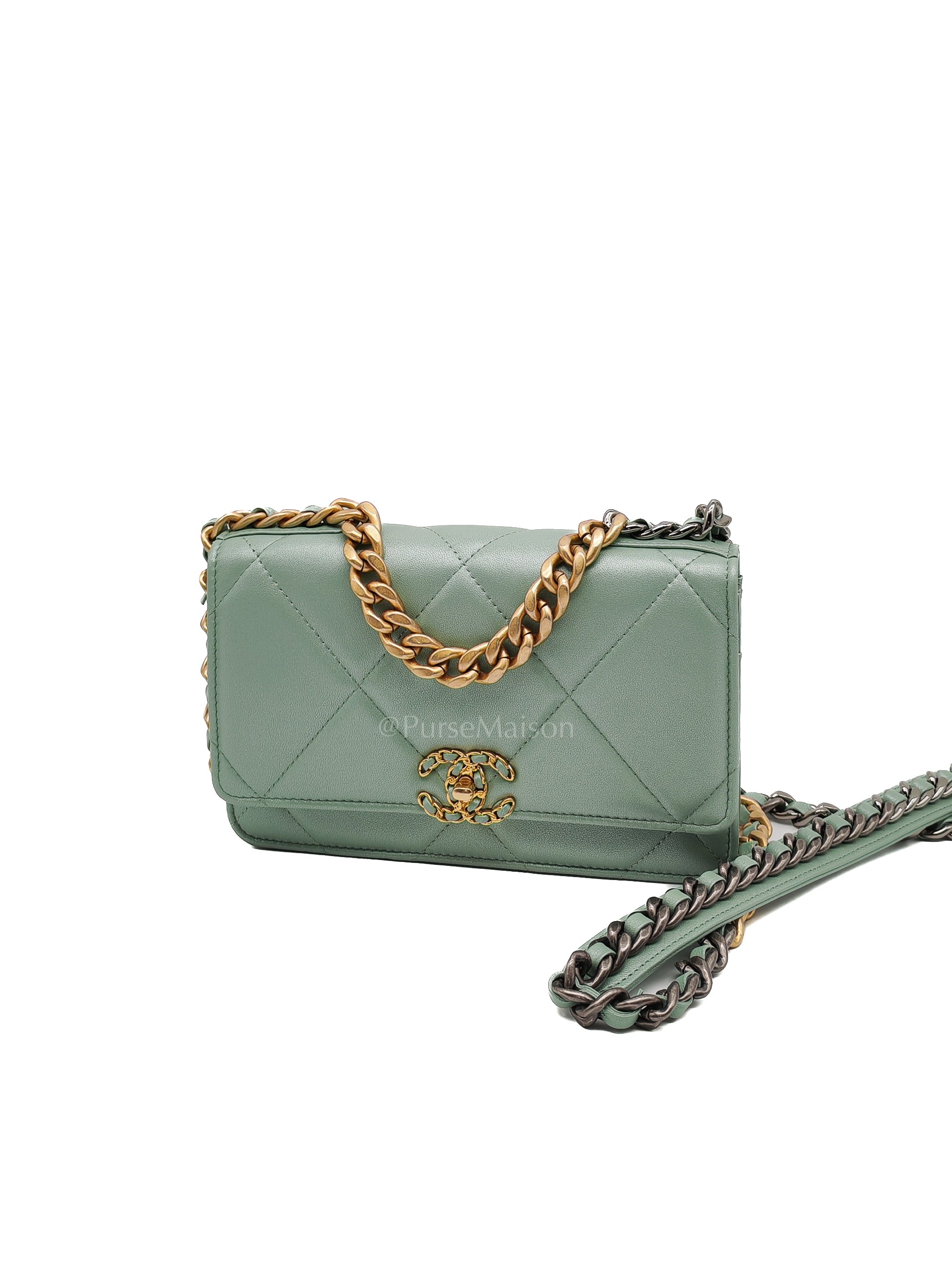 19 Wallet on Chain in Light Green Lambskin Leather & Gold Hardware Microchip | Purse Maison Luxury Bags Shop