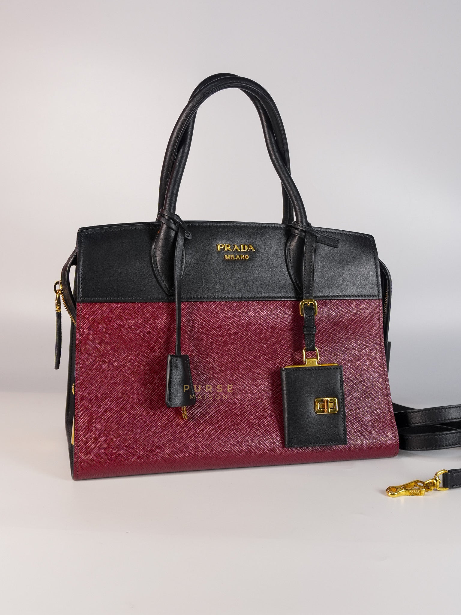 1BA046 City Esplanade Medium Bicolor (Cerise/Nero) Saffiano Tote Bag | Purse Maison Luxury Bags Shop