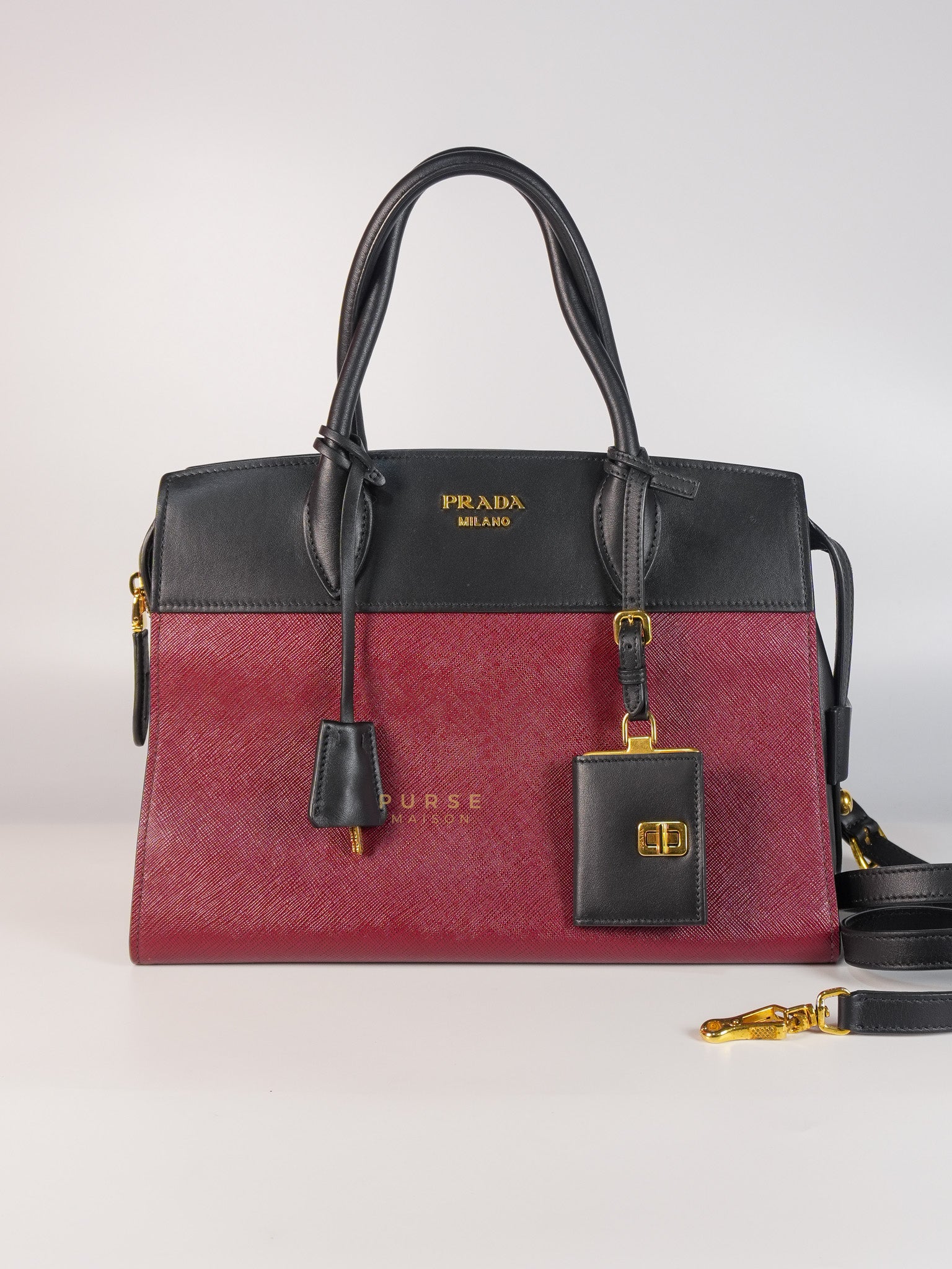 1BA046 City Esplanade Medium Bicolor (Cerise/Nero) Saffiano Tote Bag | Purse Maison Luxury Bags Shop