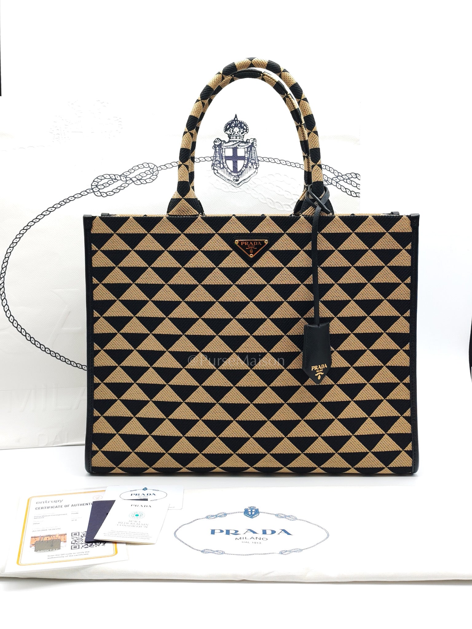 1BA356 Jacquard Triangolo Symbole Canvas Tote Bag | Purse Maison Luxury Bags Shop