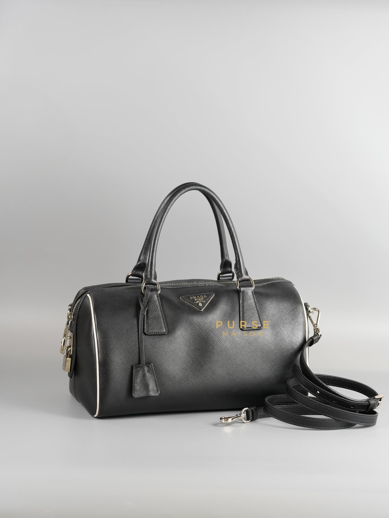 1BB001 Saffiano Lux Boston Bag (Black) | Purse Maison Luxury Bags Shop
