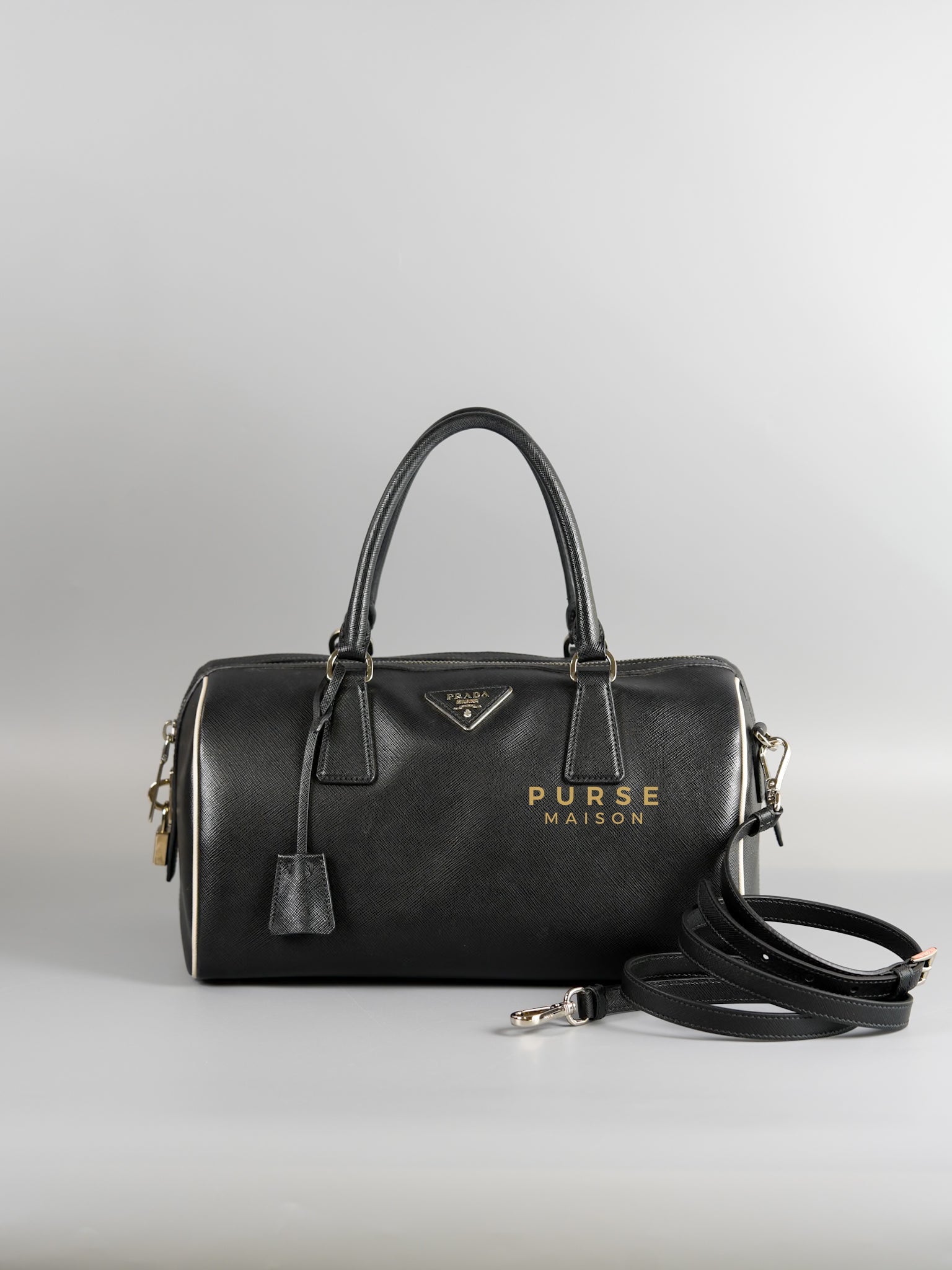 1BB001 Saffiano Lux Boston Bag (Black) | Purse Maison Luxury Bags Shop