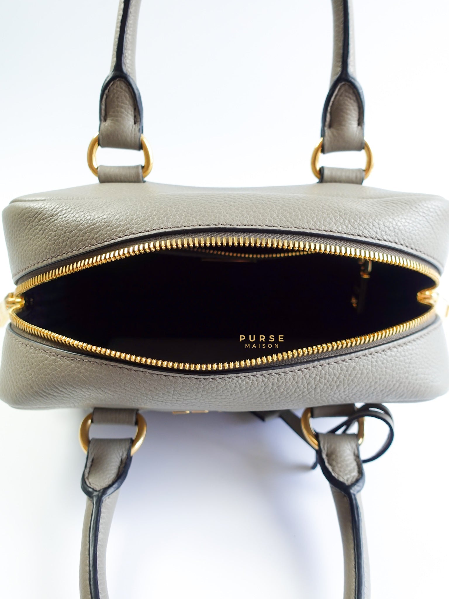 1BB108 Bauletto Gray Vitello Phenix in Gold Hardware | Purse Maison Luxury Bags Shop