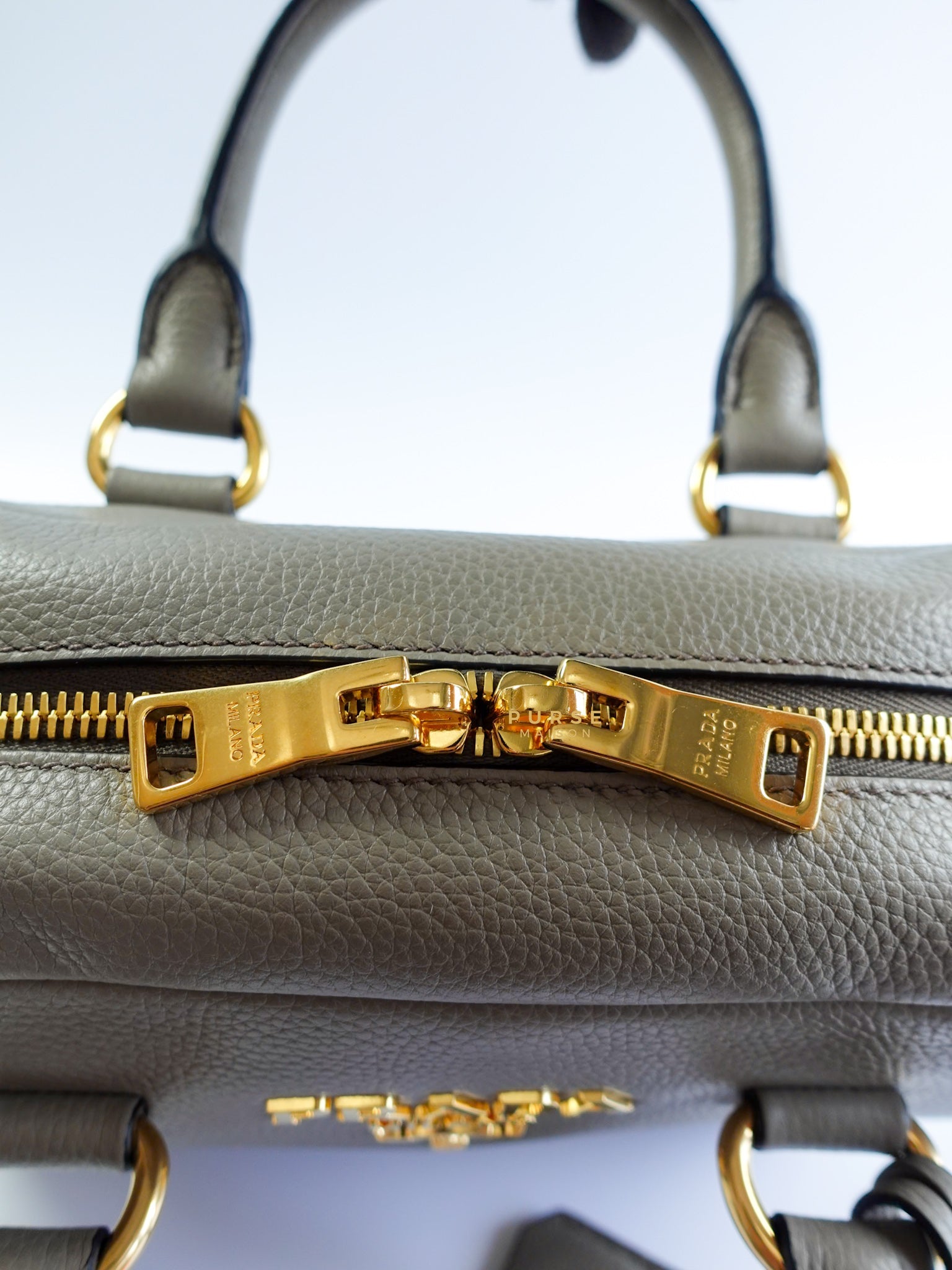 1BB108 Bauletto Gray Vitello Phenix in Gold Hardware | Purse Maison Luxury Bags Shop