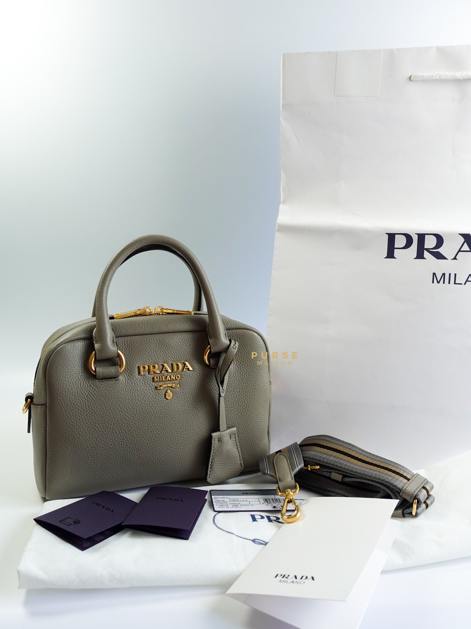 1BB108 Bauletto Gray Vitello Phenix in Gold Hardware | Purse Maison Luxury Bags Shop